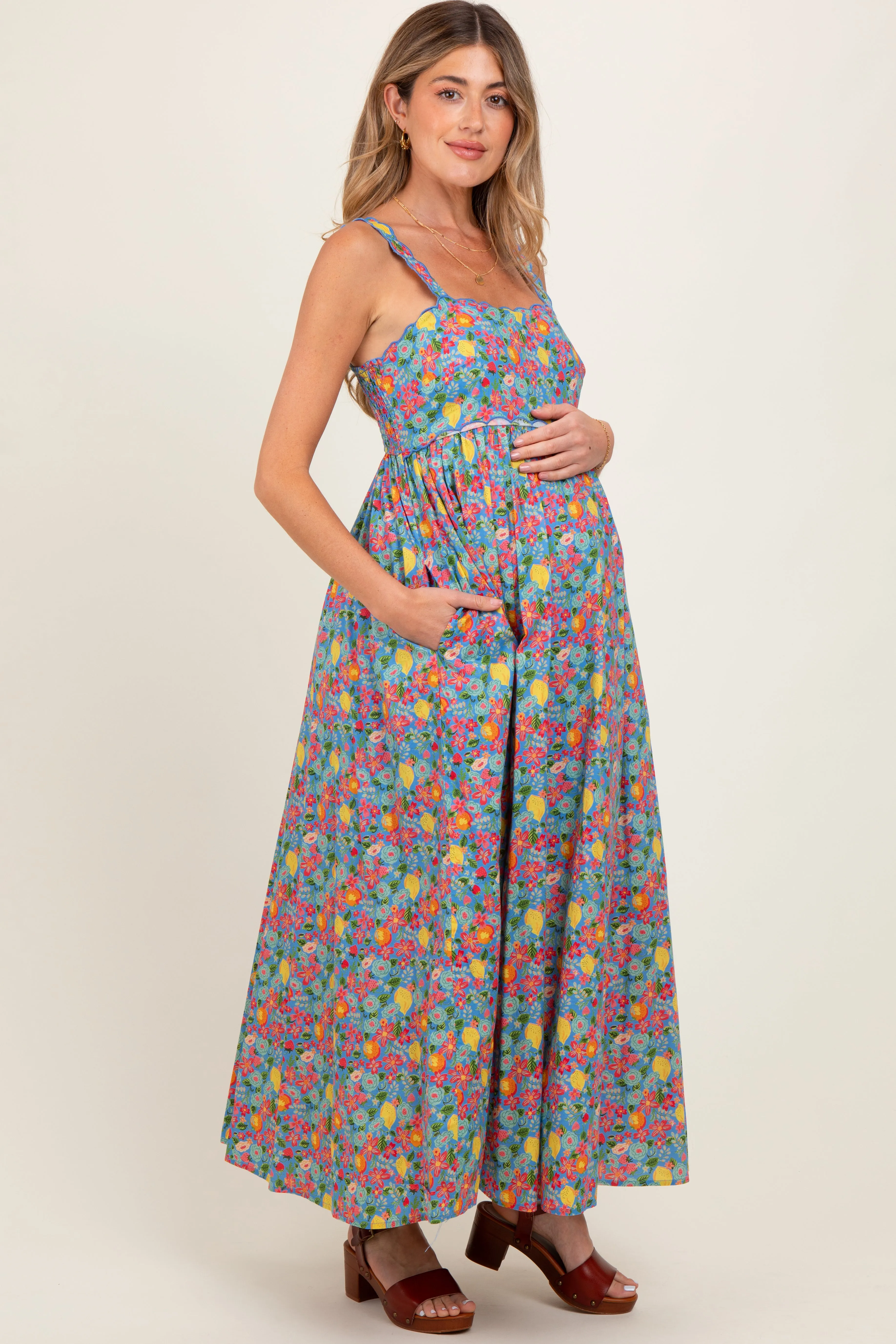Blue Floral Scallop Detail Sleeveless Maternity Maxi Dress sold by Pinkblush product image thumbnail 2