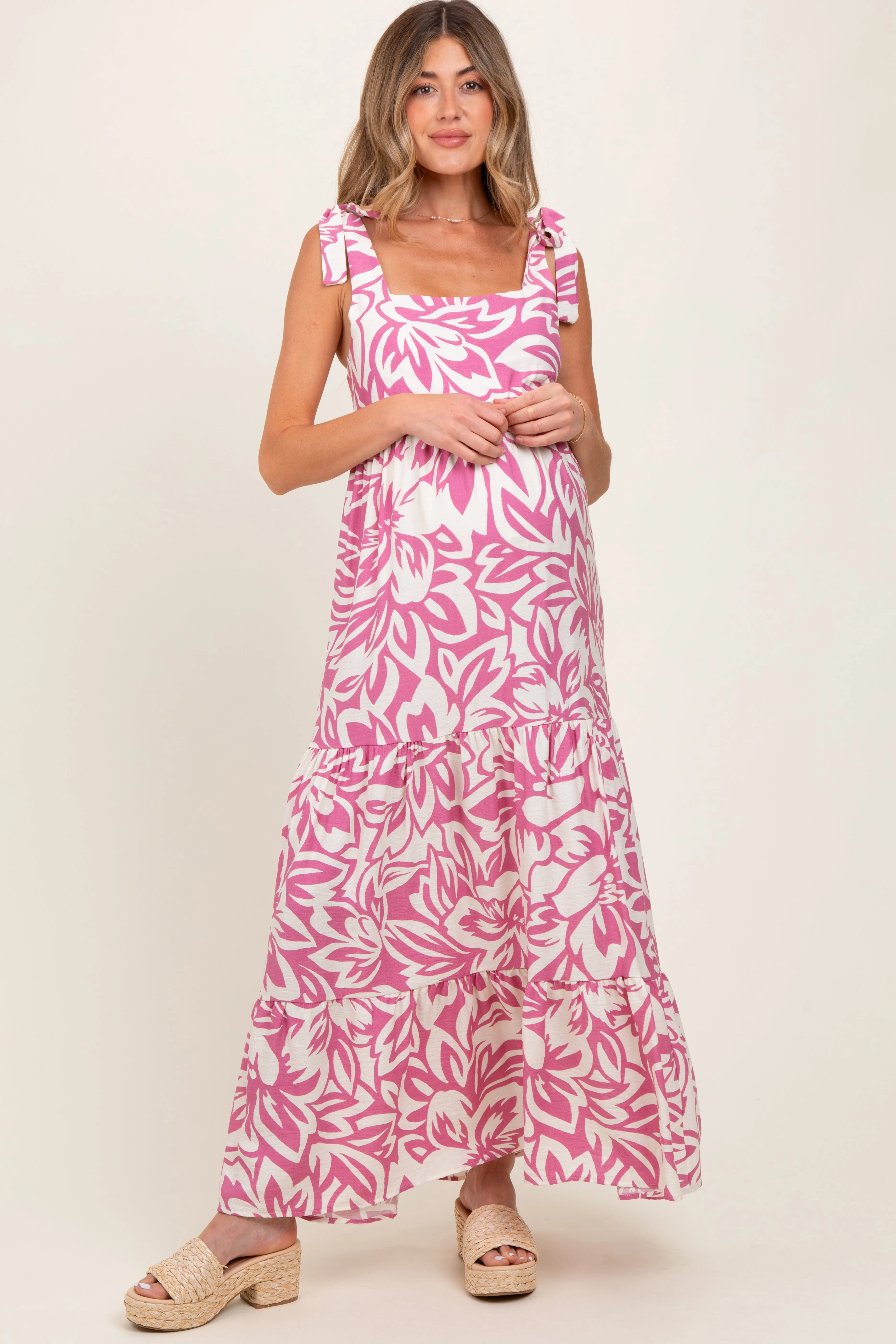 Mauve Floral Shoulder Tie Tiered Maternity Maxi Dress sold by Pinkblush