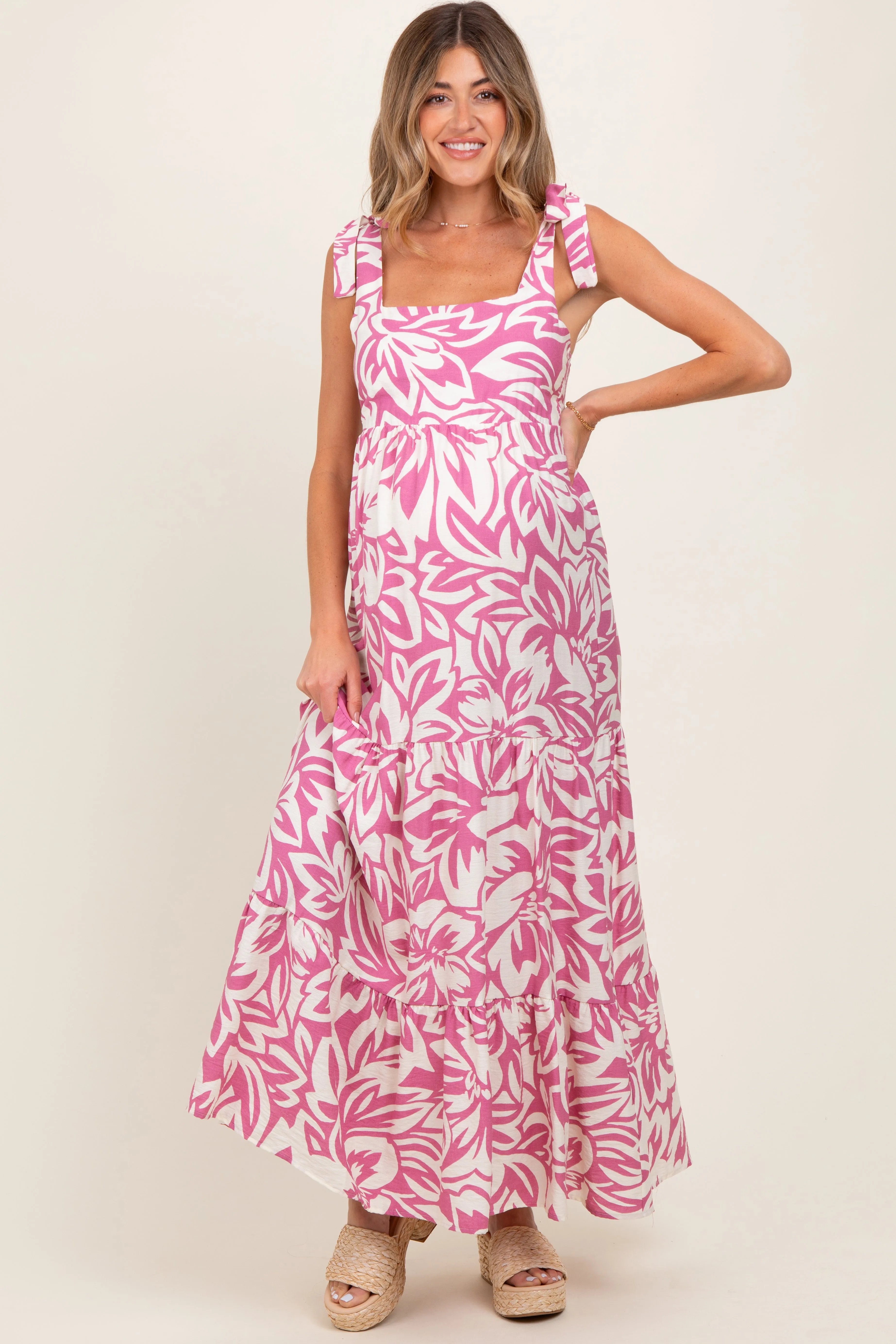 Mauve Floral Shoulder Tie Tiered Maternity Maxi Dress sold by Pinkblush product image thumbnail 2