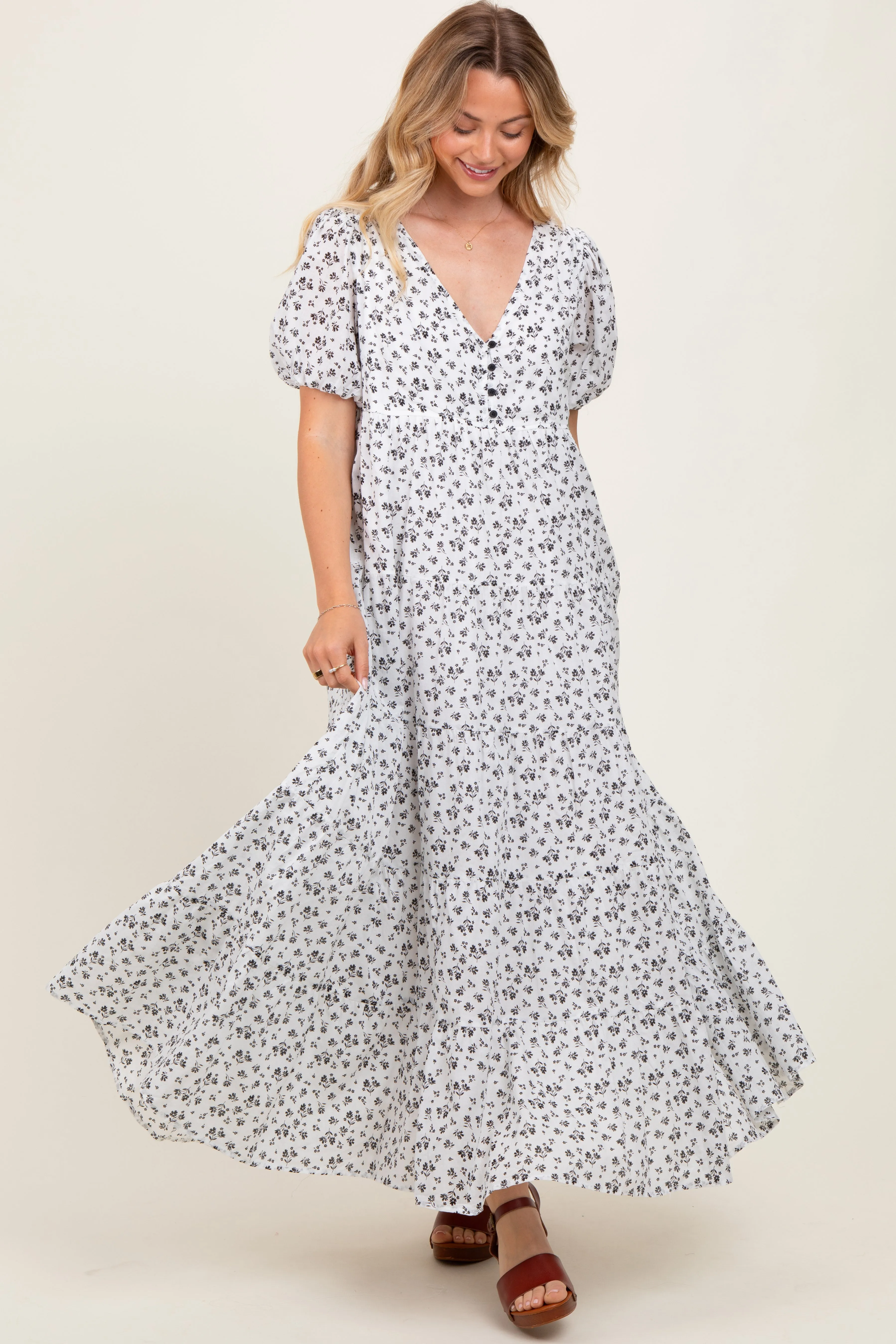 Ivory Tiered Floral Maxi Dress sold by Pinkblush