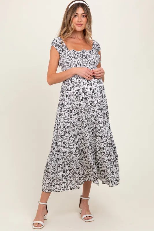 White Floral Smocked Ruffle Detail Maternity Midi Dress sold by Pinkblush