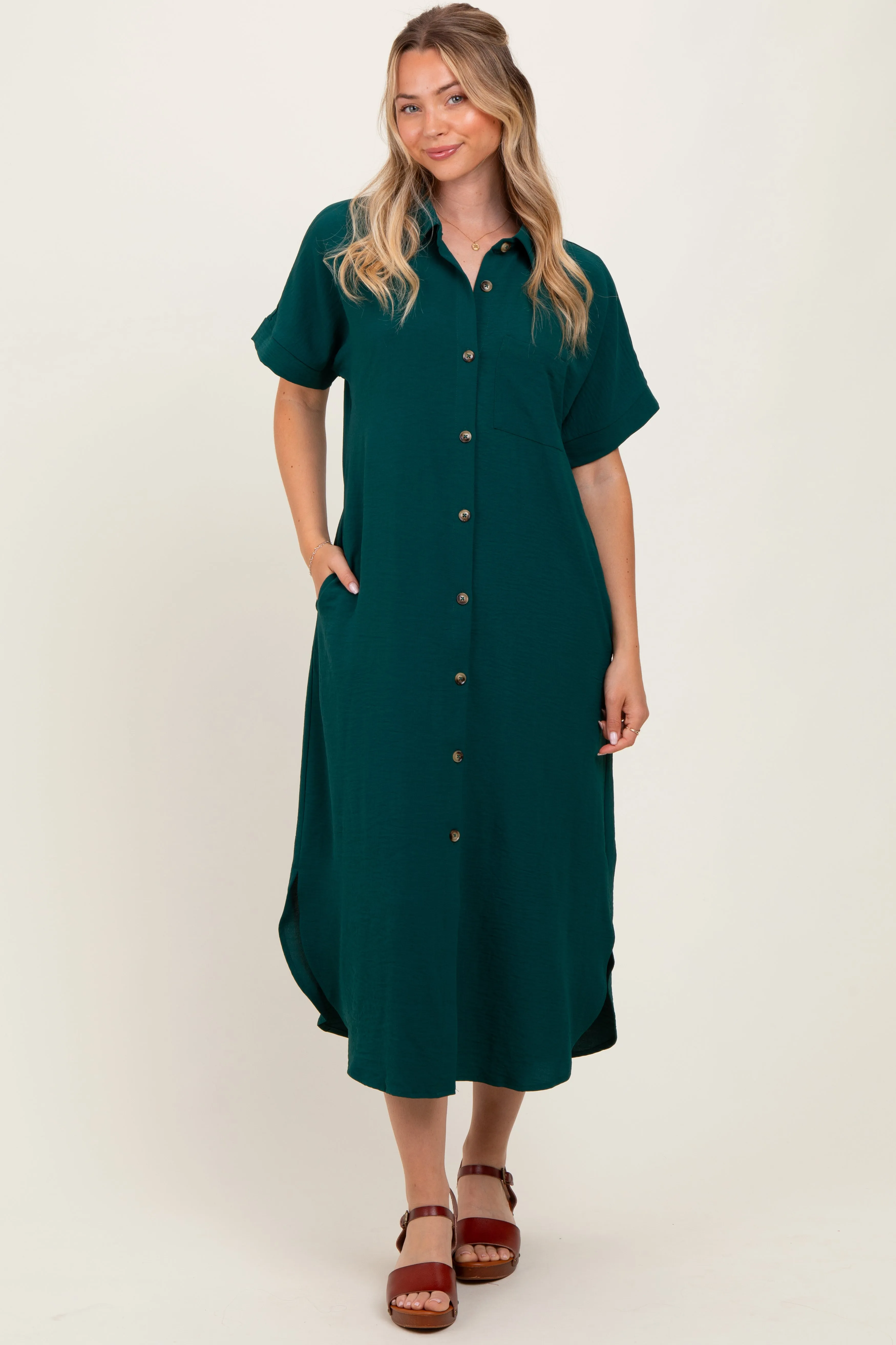 Royal Blue Button Down Front Pocket Midi Dress sold by Pinkblush