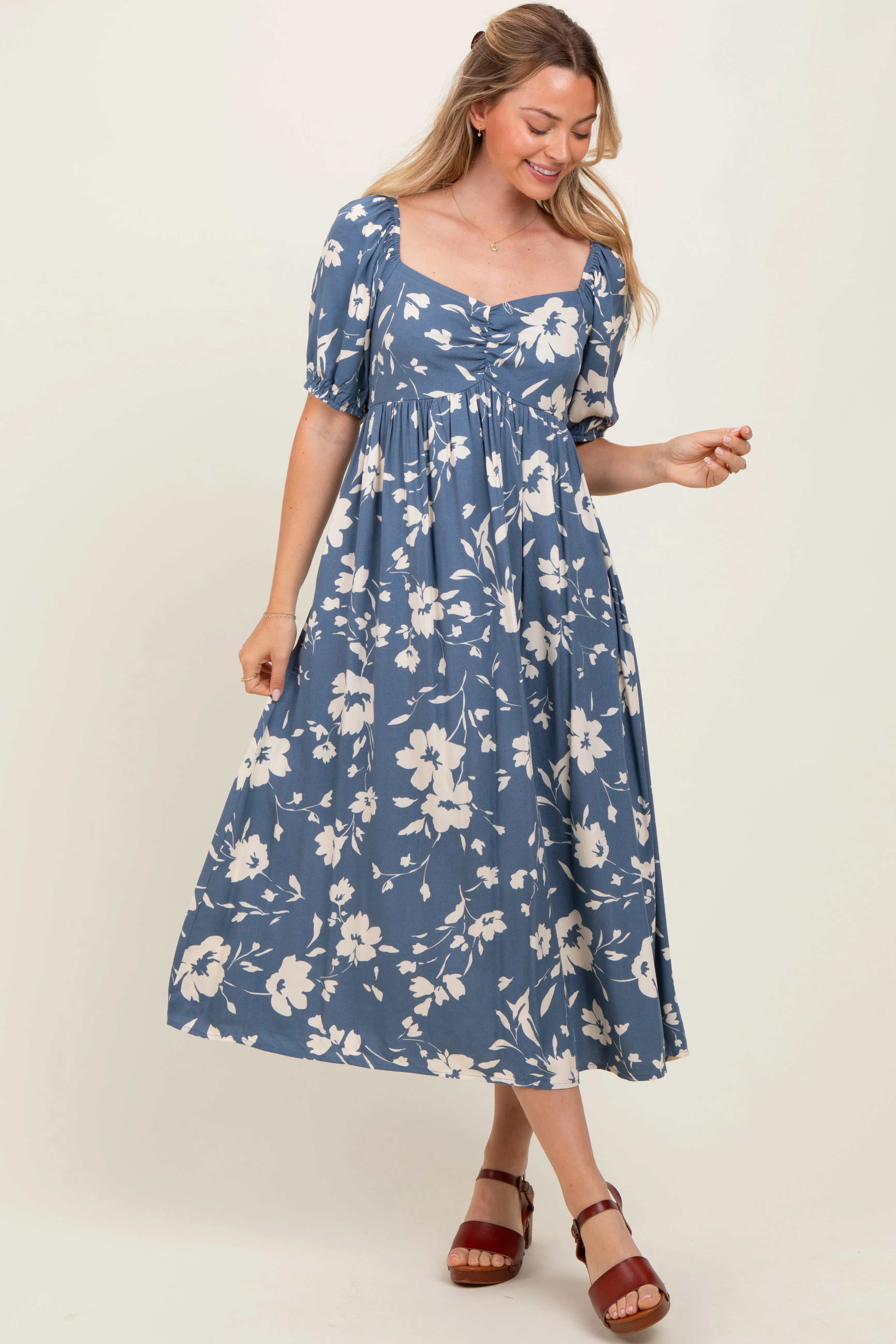 Light Navy Floral Sweetheart Neckline Midi Dress sold by Pinkblush