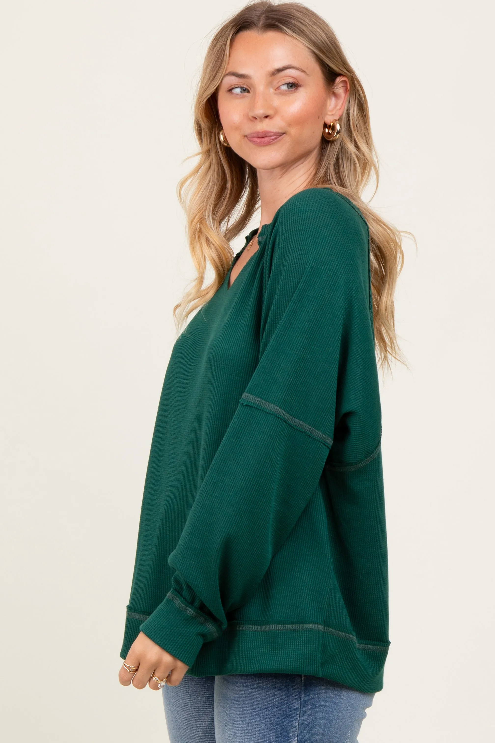 Forest Green Oversized V-Neck Waffle Knit Long Sleeve Top sold by Pinkblush product image thumbnail 3