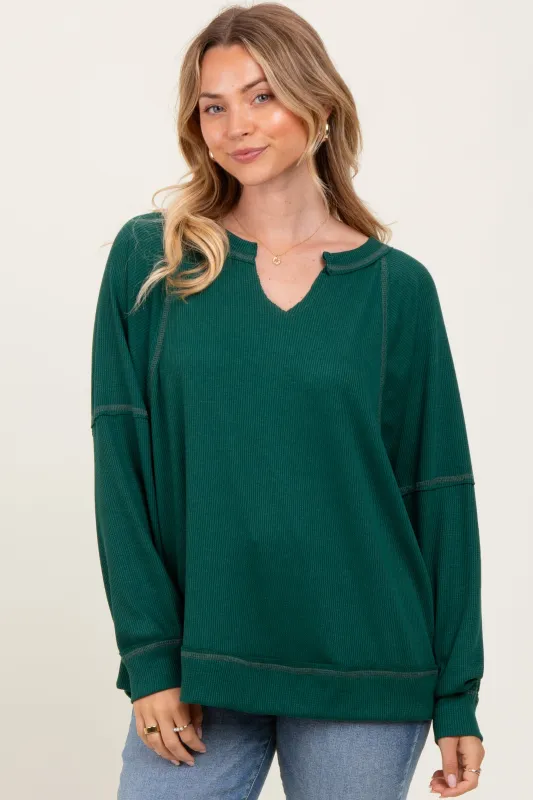 Forest Green Oversized V-Neck Waffle Knit Long Sleeve Top sold by Pinkblush