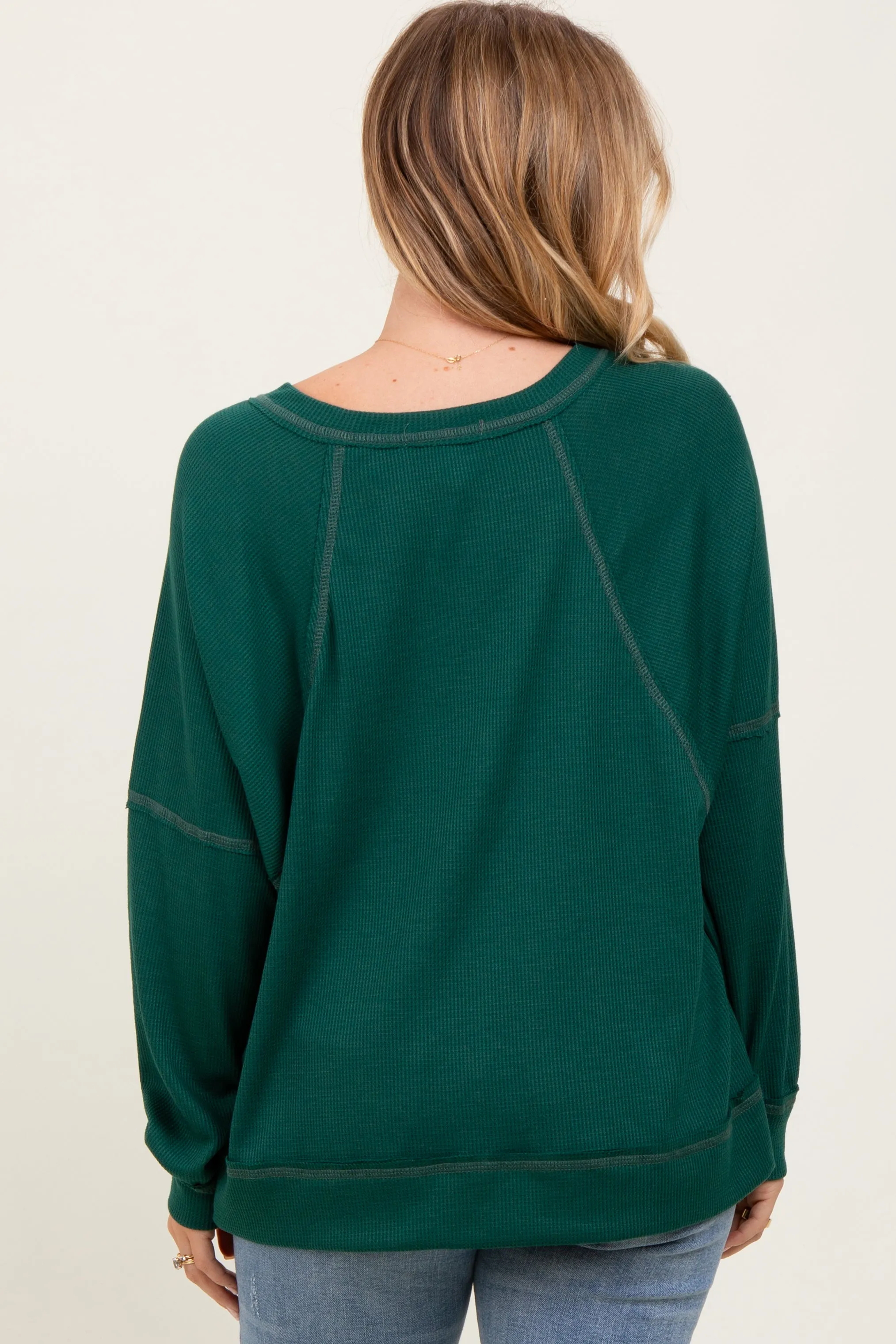 Forest Green Oversized V-Neck Waffle Knit Long Sleeve Top sold by Pinkblush product image thumbnail 4