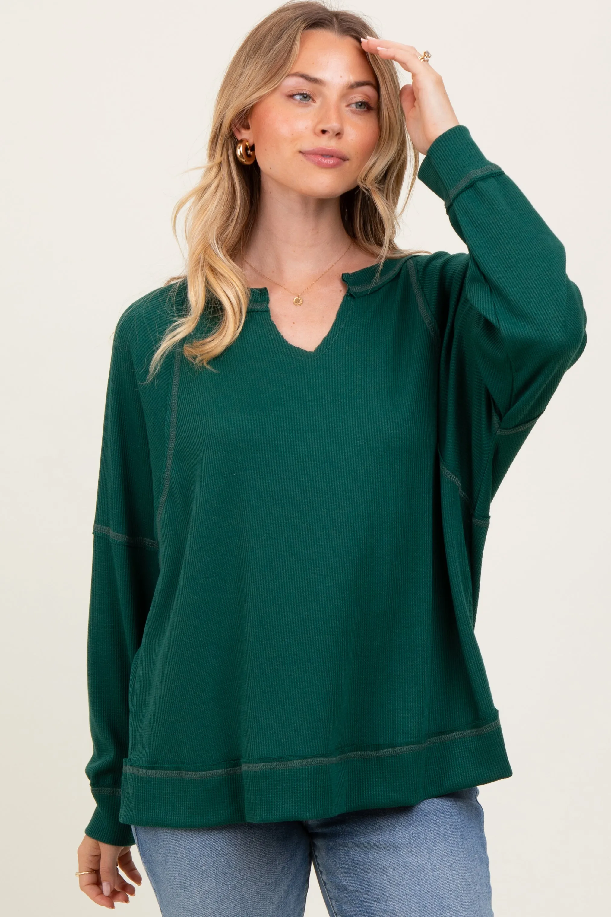 Forest Green Oversized V-Neck Waffle Knit Long Sleeve Top sold by Pinkblush product image thumbnail 2