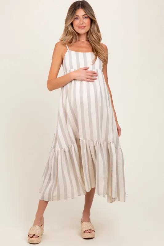 Beige Wide Stripe Linen Blend Sleeveless Maternity Maxi Dress sold by Pinkblush
