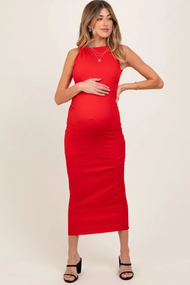 Red Textured Shoulder Detail Maternity Midi Dress sold by Pinkblush