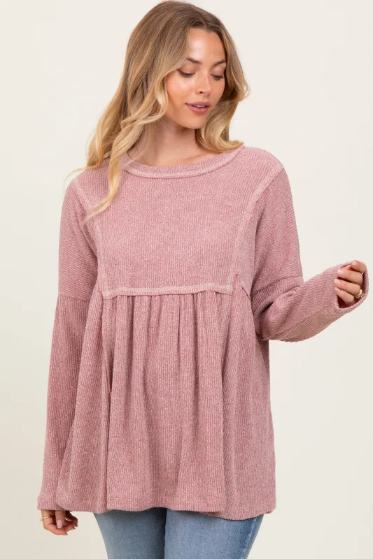 Mauve Ribbed Brushed Knit Oversized Long Sleeve Top sold by Pinkblush