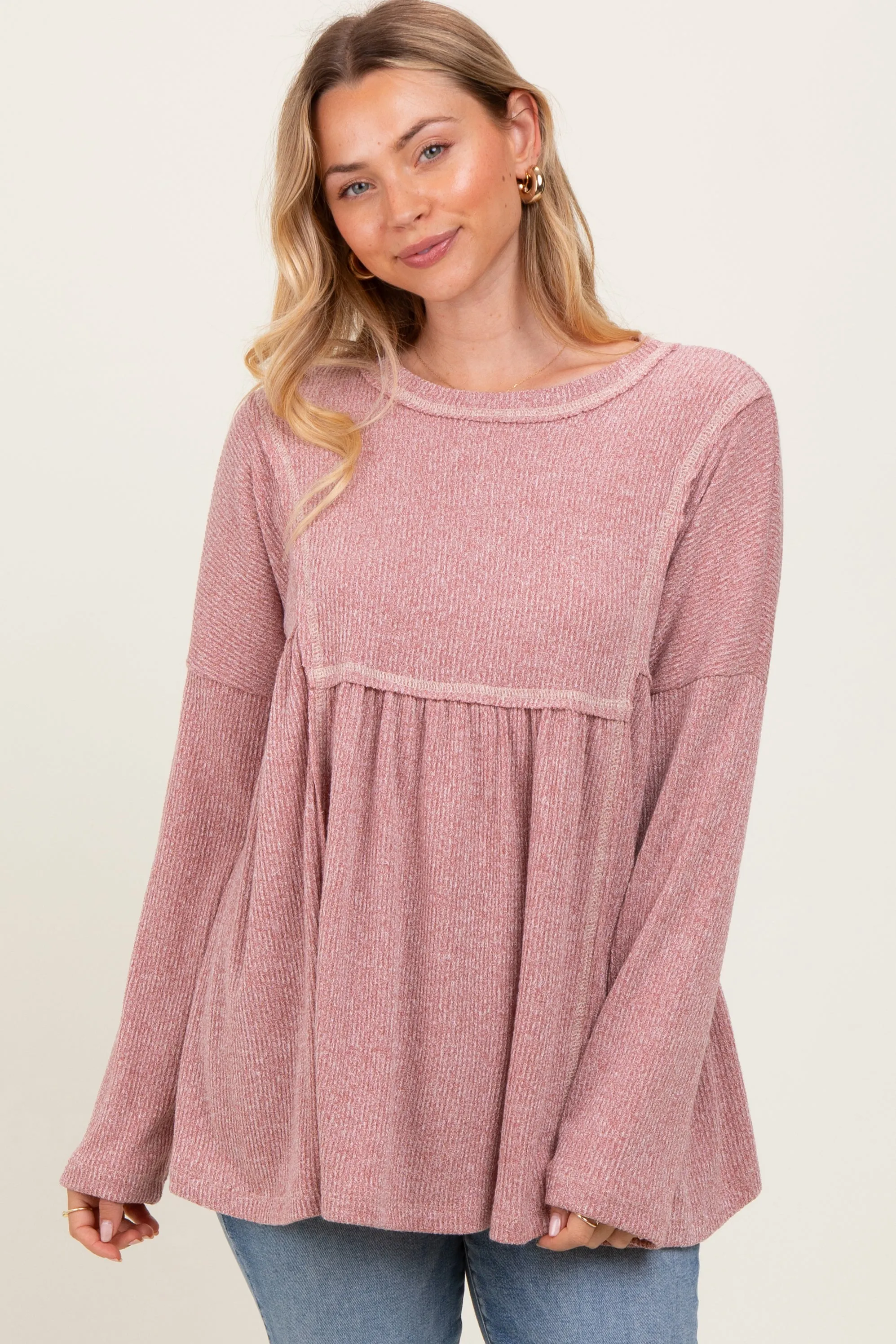 Mauve Ribbed Brushed Knit Oversized Long Sleeve Top sold by Pinkblush product image thumbnail 2