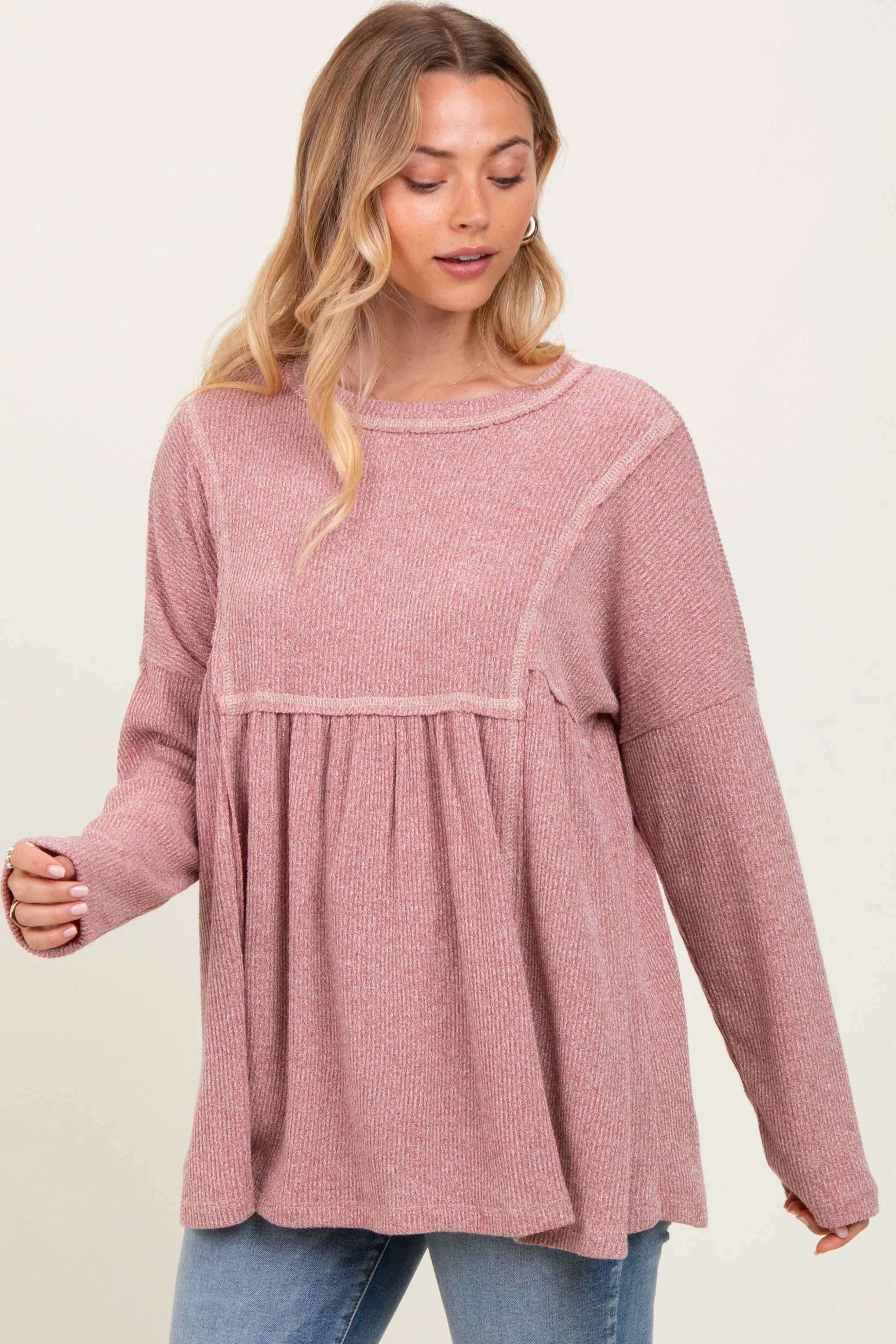 Mauve Ribbed Brushed Knit Oversized Long Sleeve Top sold by Pinkblush product image thumbnail 3