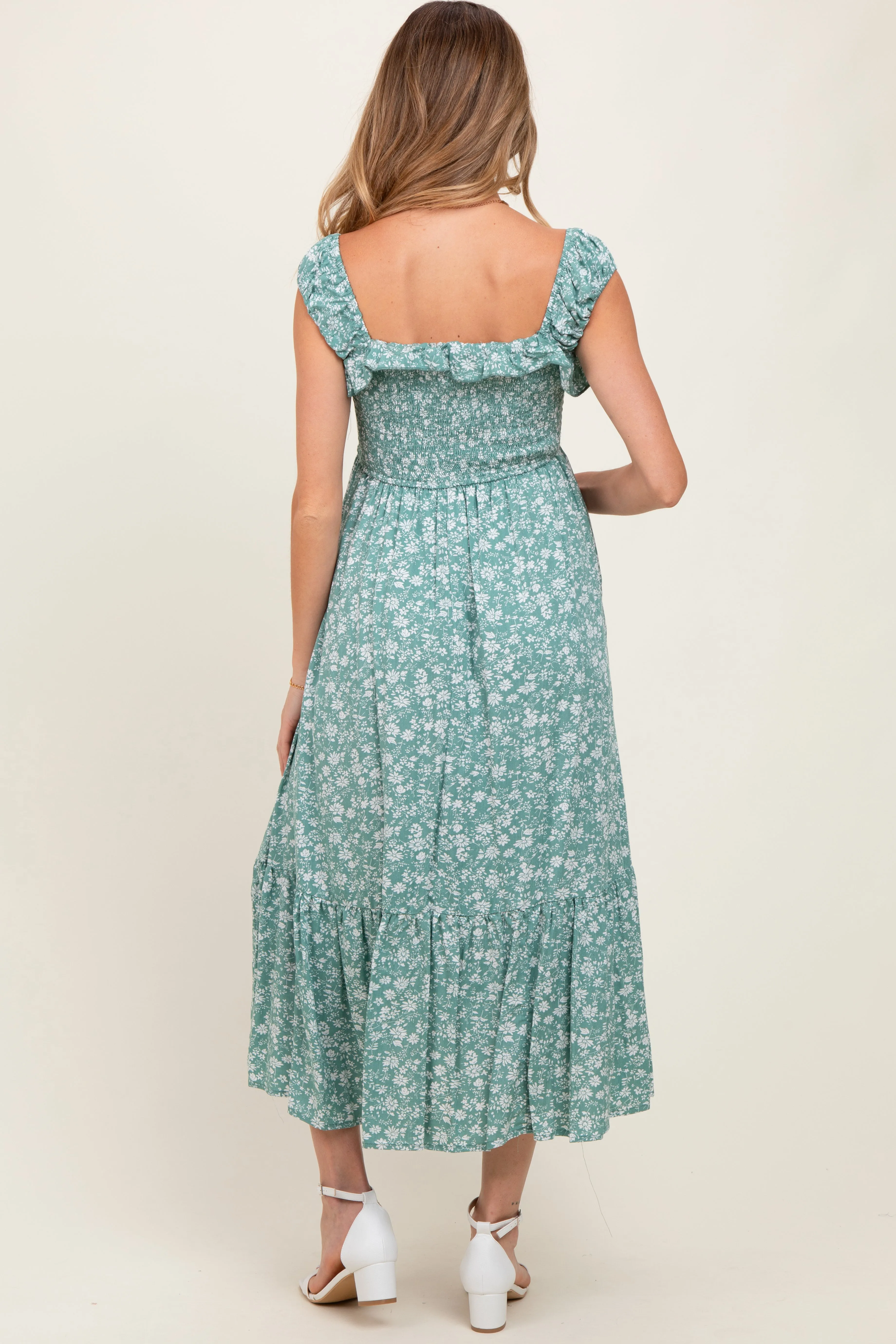 Light Olive Floral Smocked Ruffle Detail Maternity Midi Dress sold by Pinkblush product image thumbnail 3