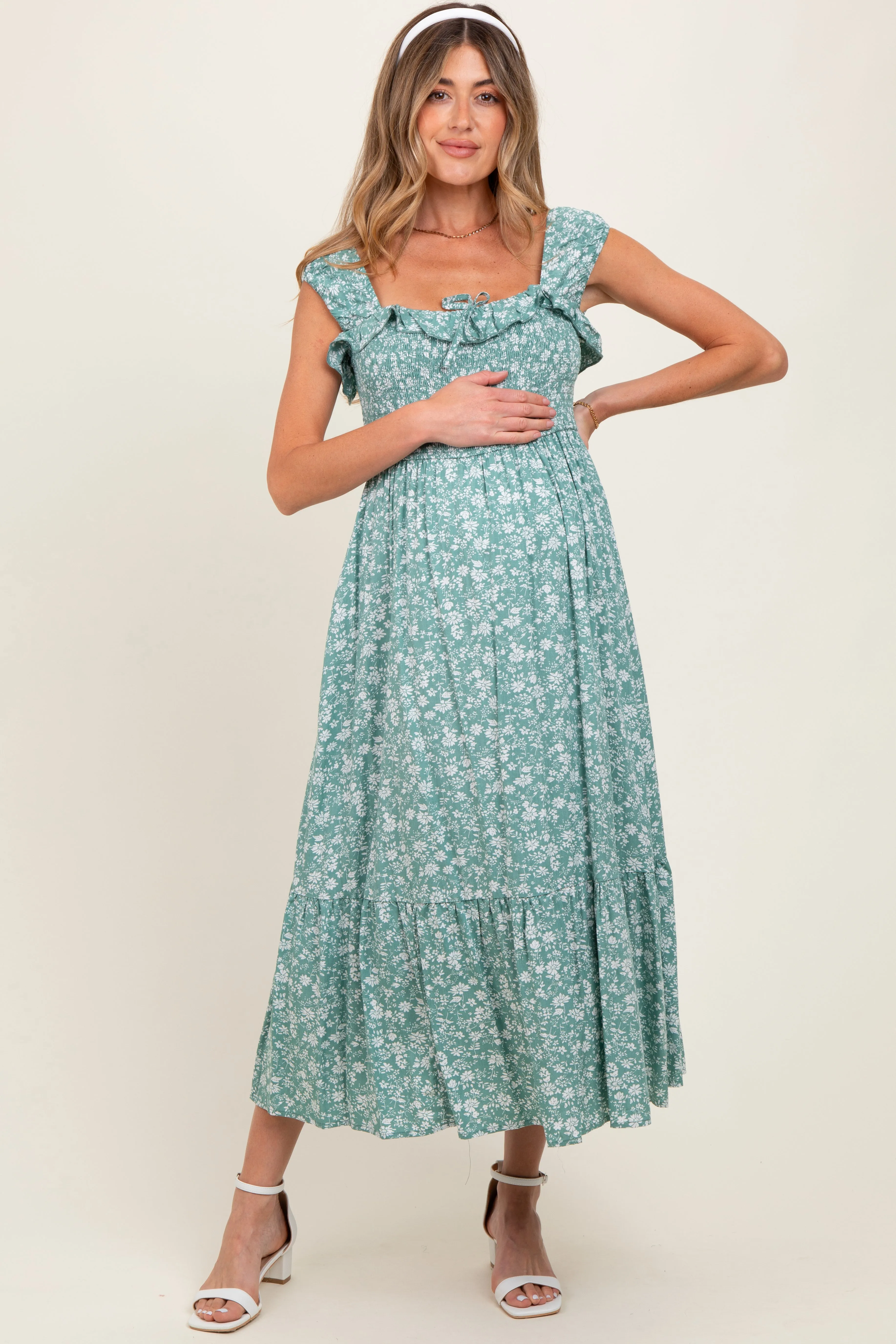 Light Olive Floral Smocked Ruffle Detail Maternity Midi Dress sold by Pinkblush