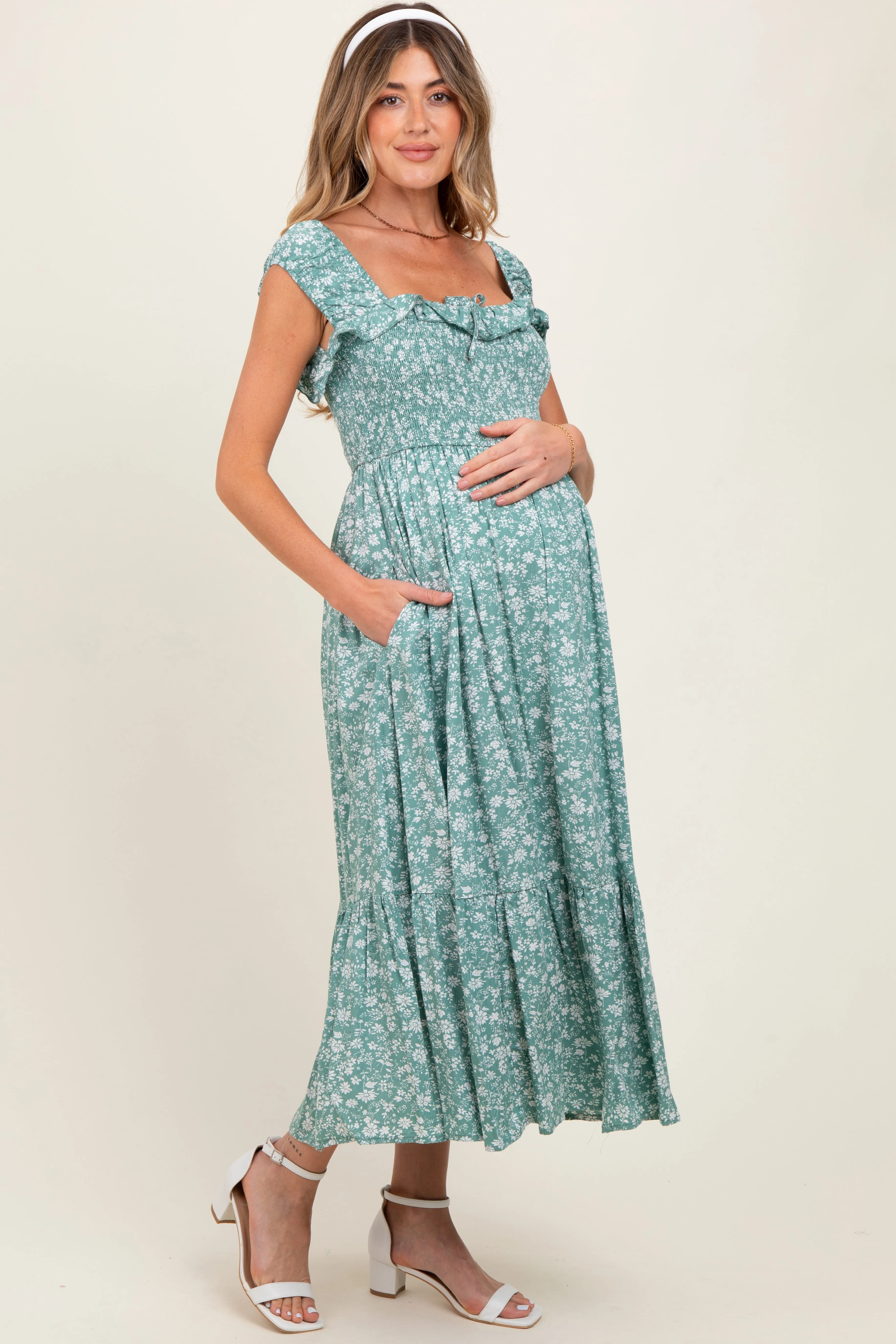 Light Olive Floral Smocked Ruffle Detail Maternity Midi Dress sold by Pinkblush product image thumbnail 2