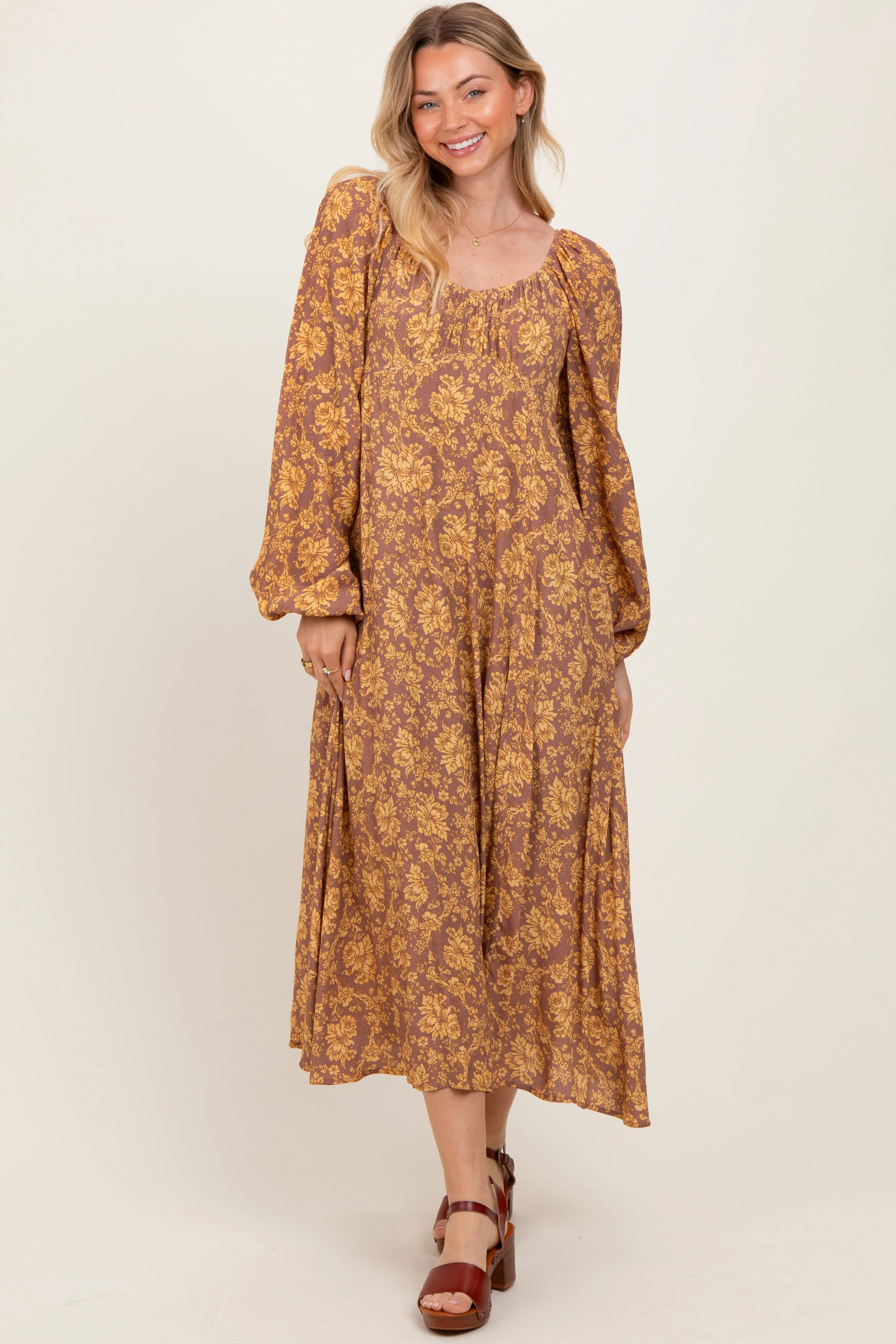 Camel Floral Long Sleeve Dress sold by Pinkblush product image thumbnail 2
