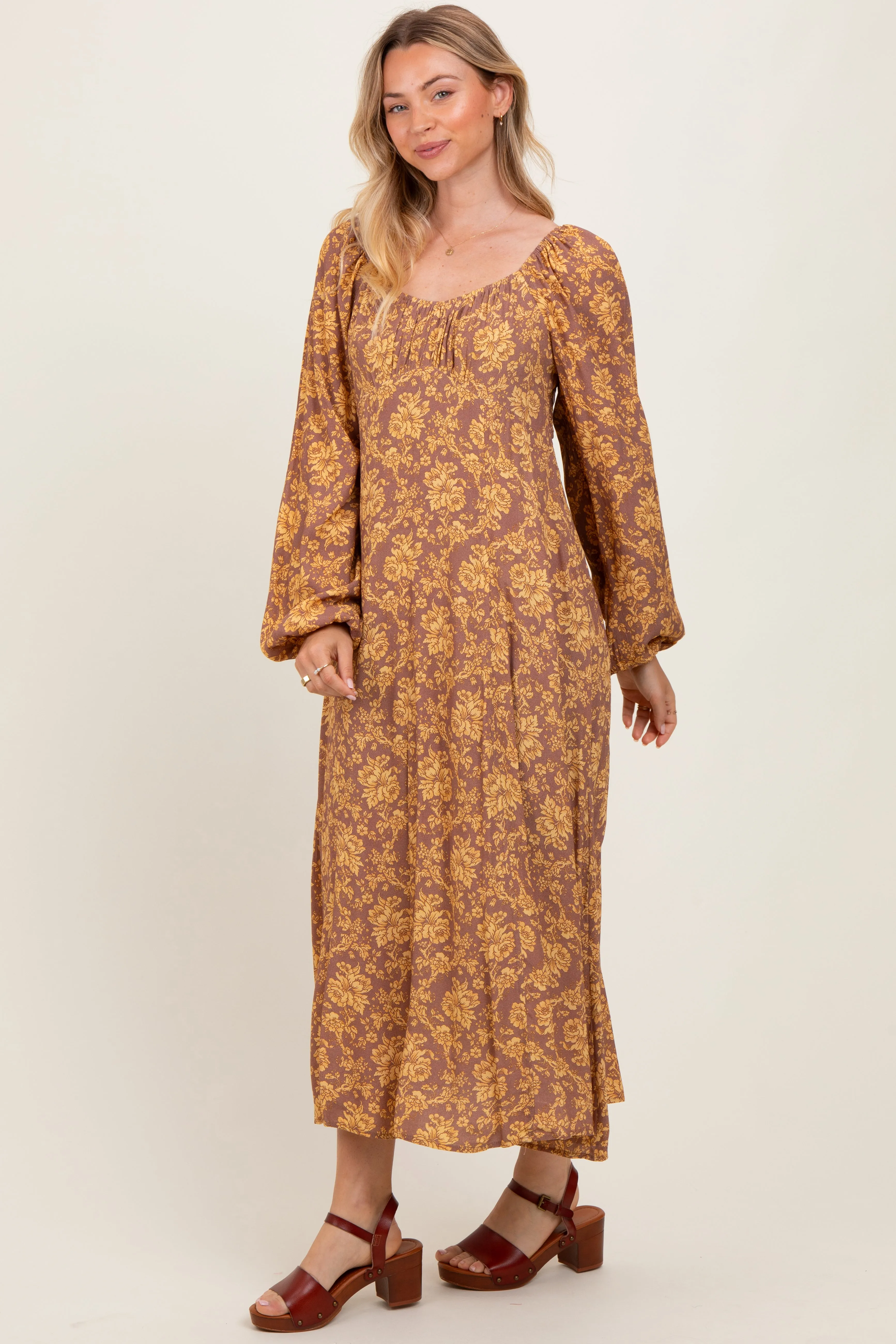 Camel Floral Long Sleeve Dress sold by Pinkblush product image thumbnail 3