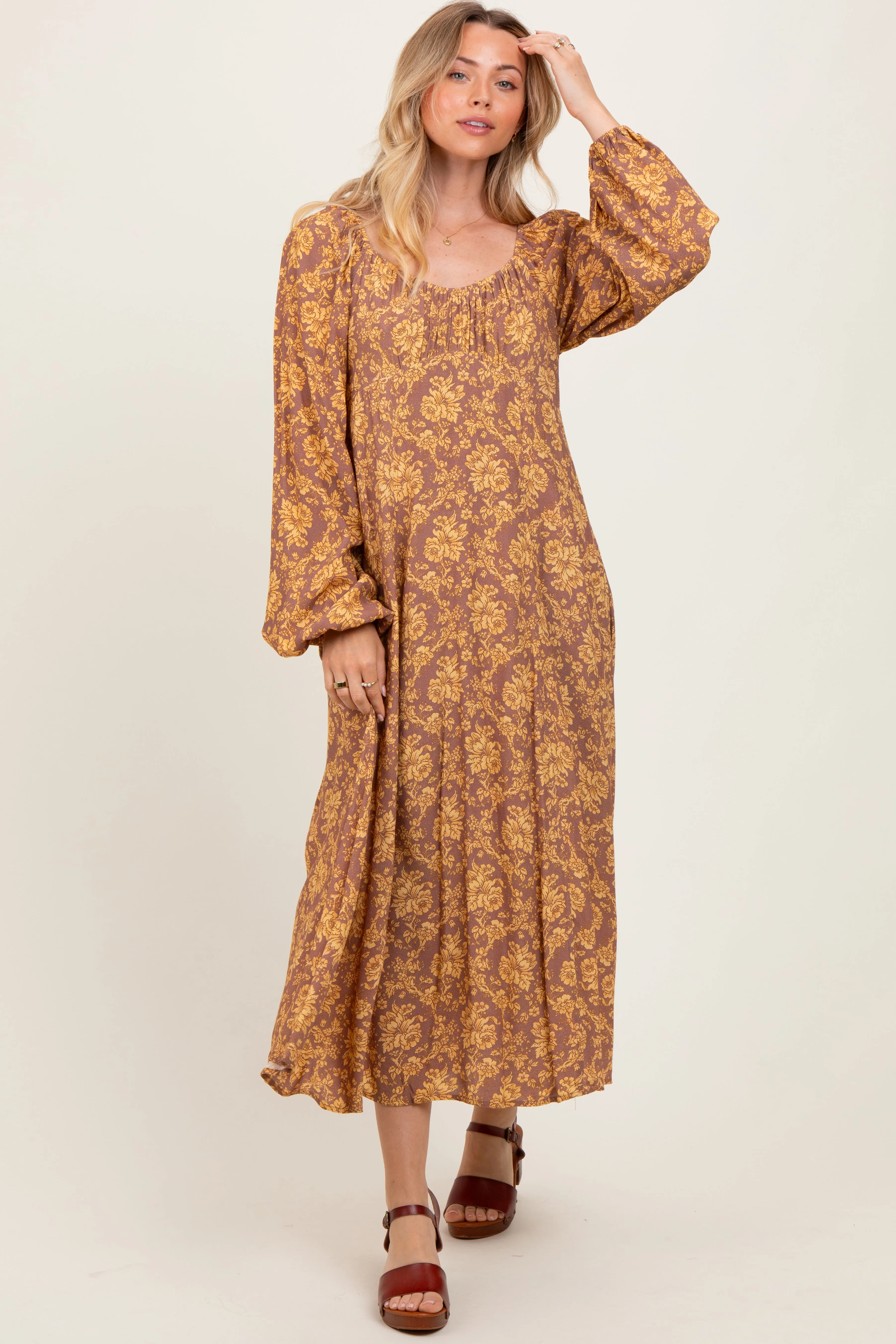 Camel Floral Long Sleeve Dress sold by Pinkblush
