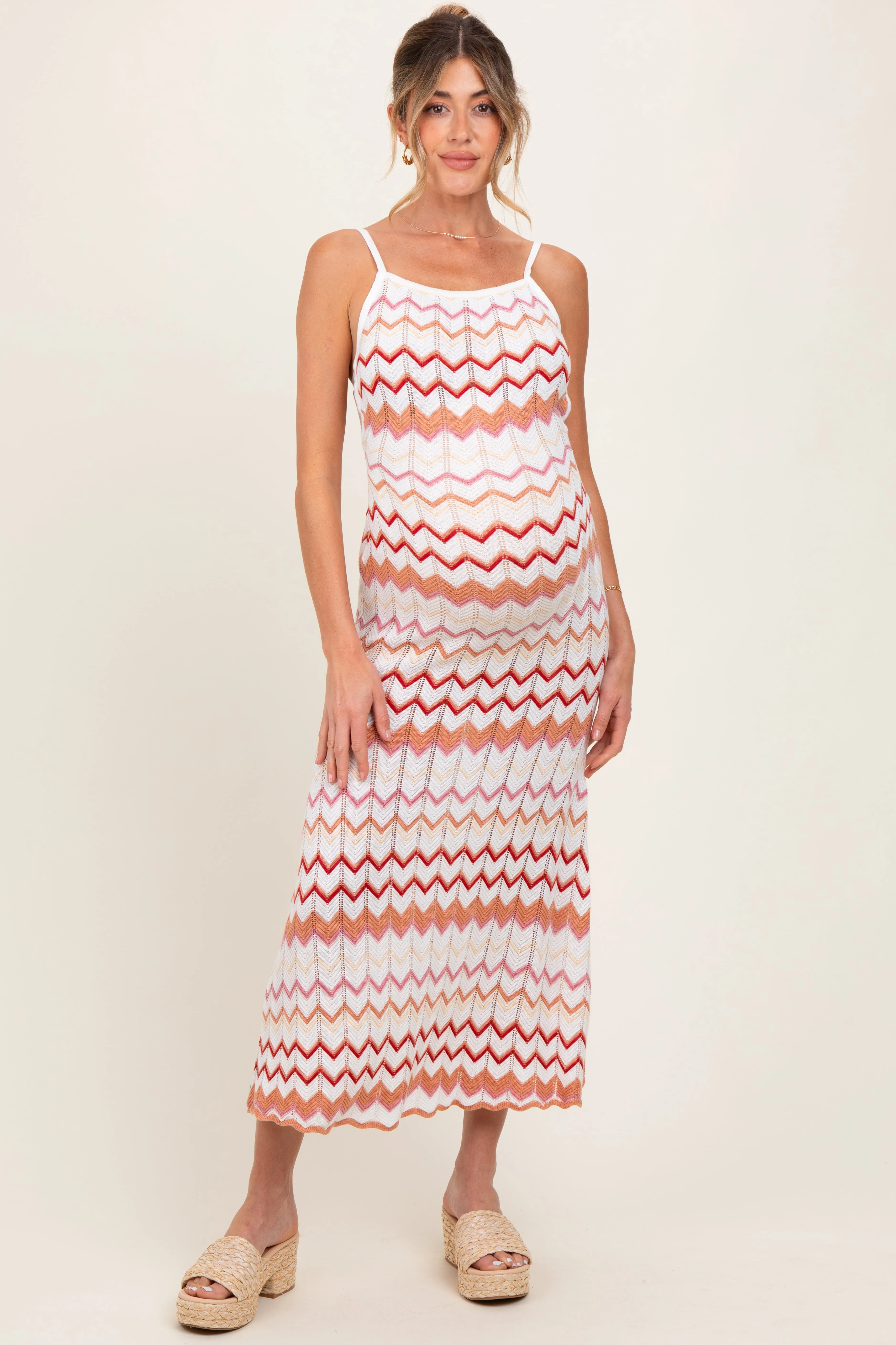 Salmon Pointelle Chevron Knit Open Back Maternity Midi Dress sold by Pinkblush