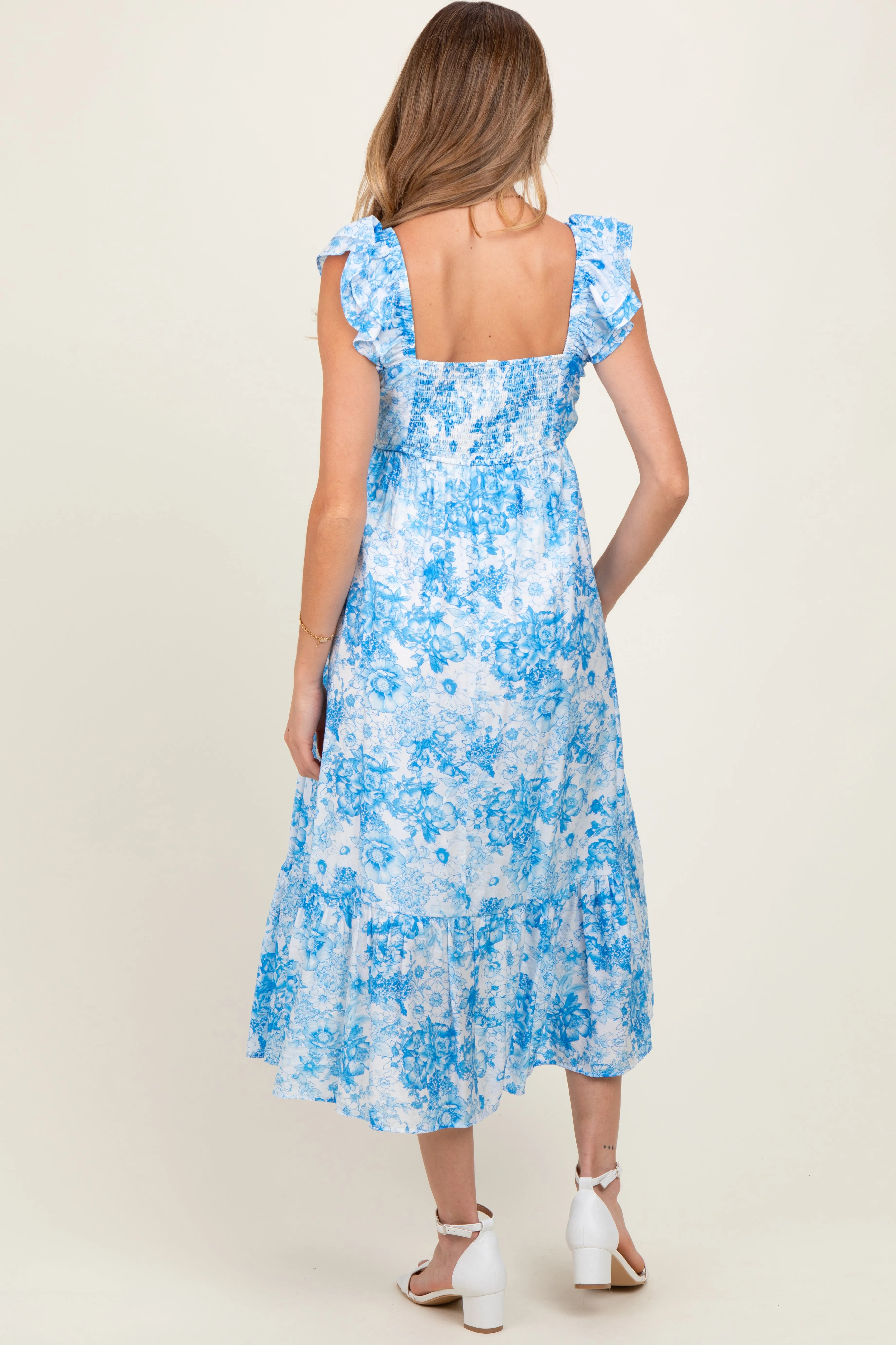 Blue Floral Ruffle Strap Pleated Bodice Maternity Midi Dress sold by Pinkblush product image thumbnail 4