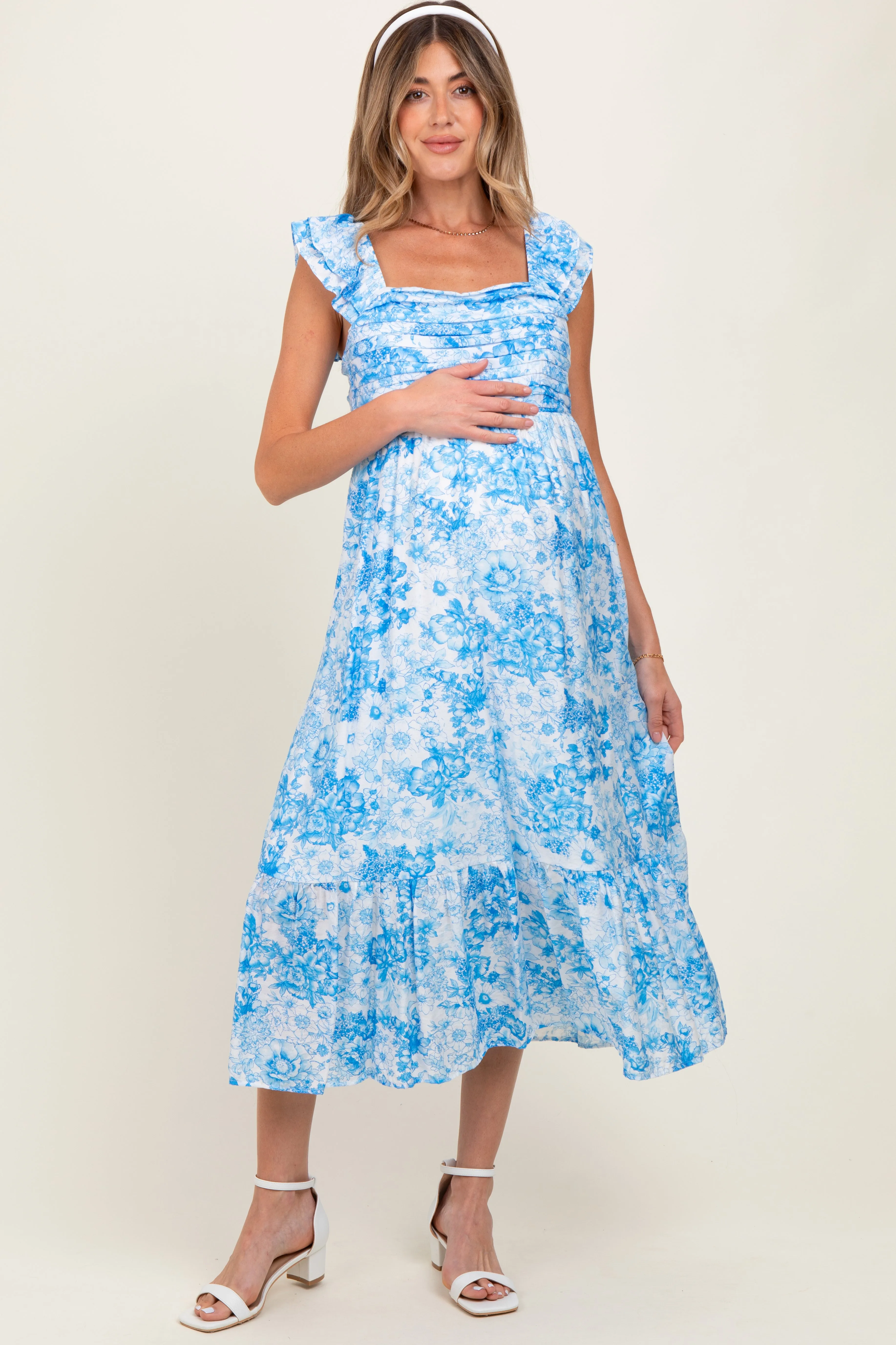 Blue Floral Ruffle Strap Pleated Bodice Maternity Midi Dress sold by Pinkblush