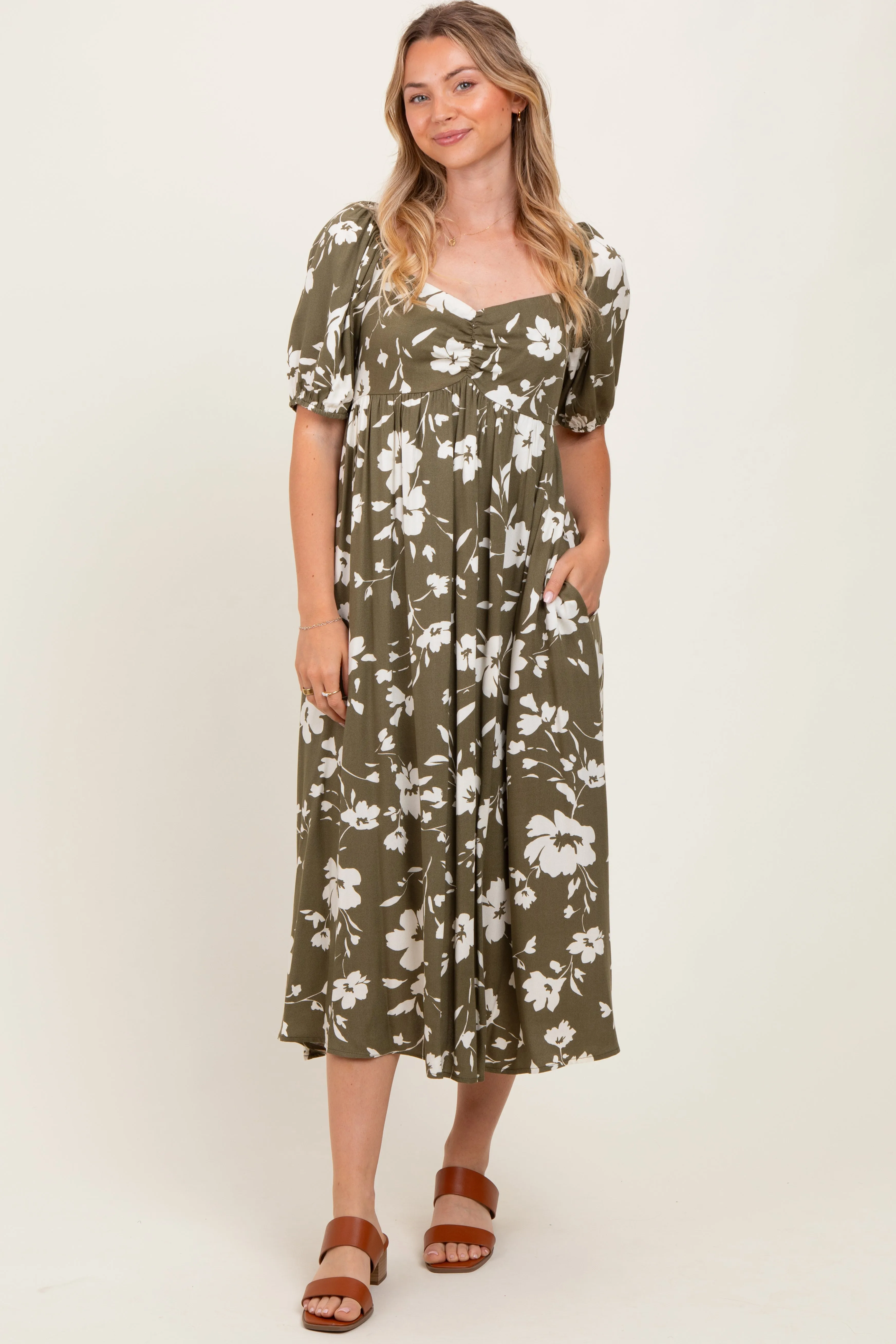 Olive Floral Sweetheart Neckline Midi Dress sold by Pinkblush