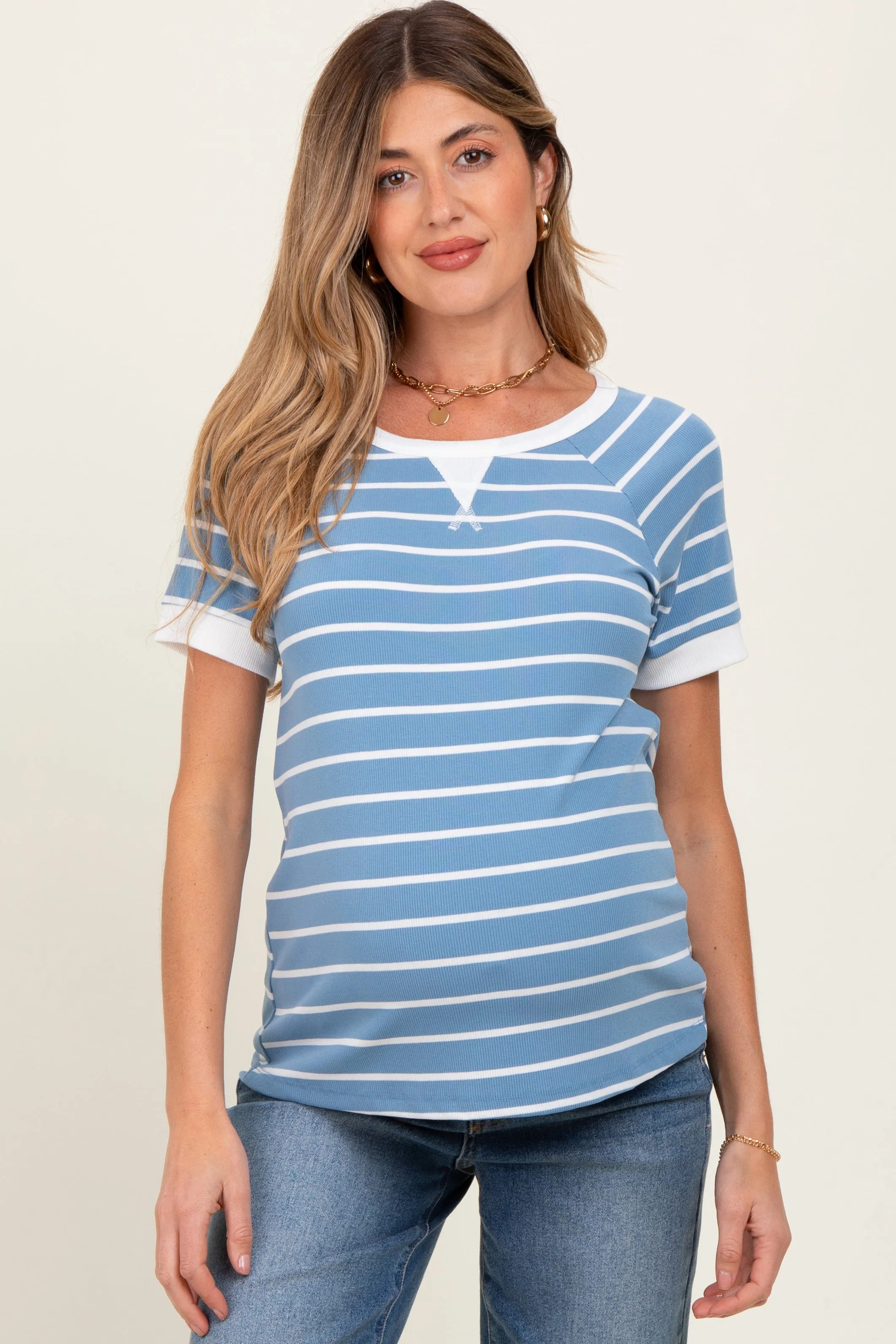 Blue Striped Contrast Border Maternity Top sold by Pinkblush