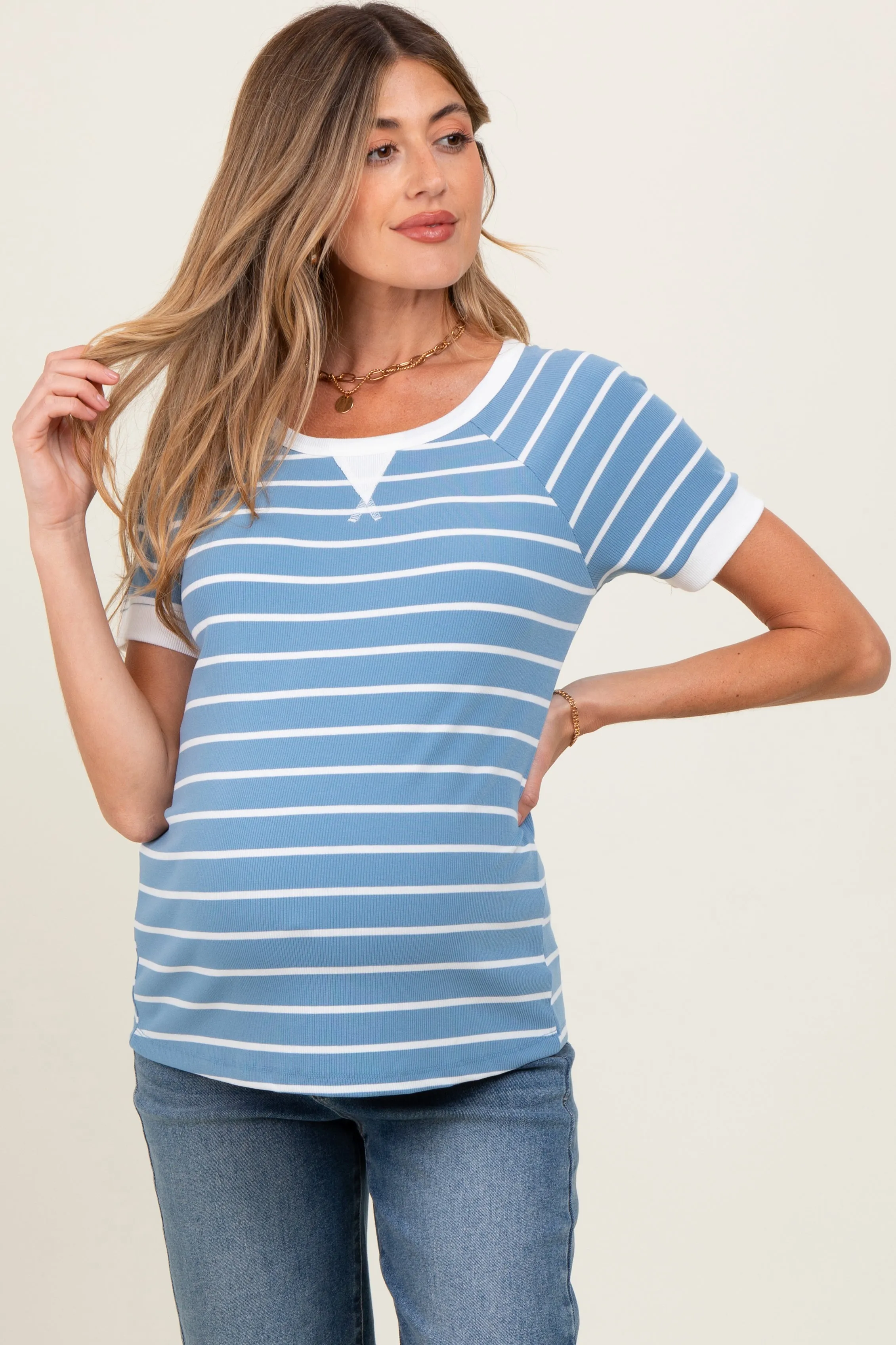 Blue Striped Contrast Border Maternity Top sold by Pinkblush product image thumbnail 2
