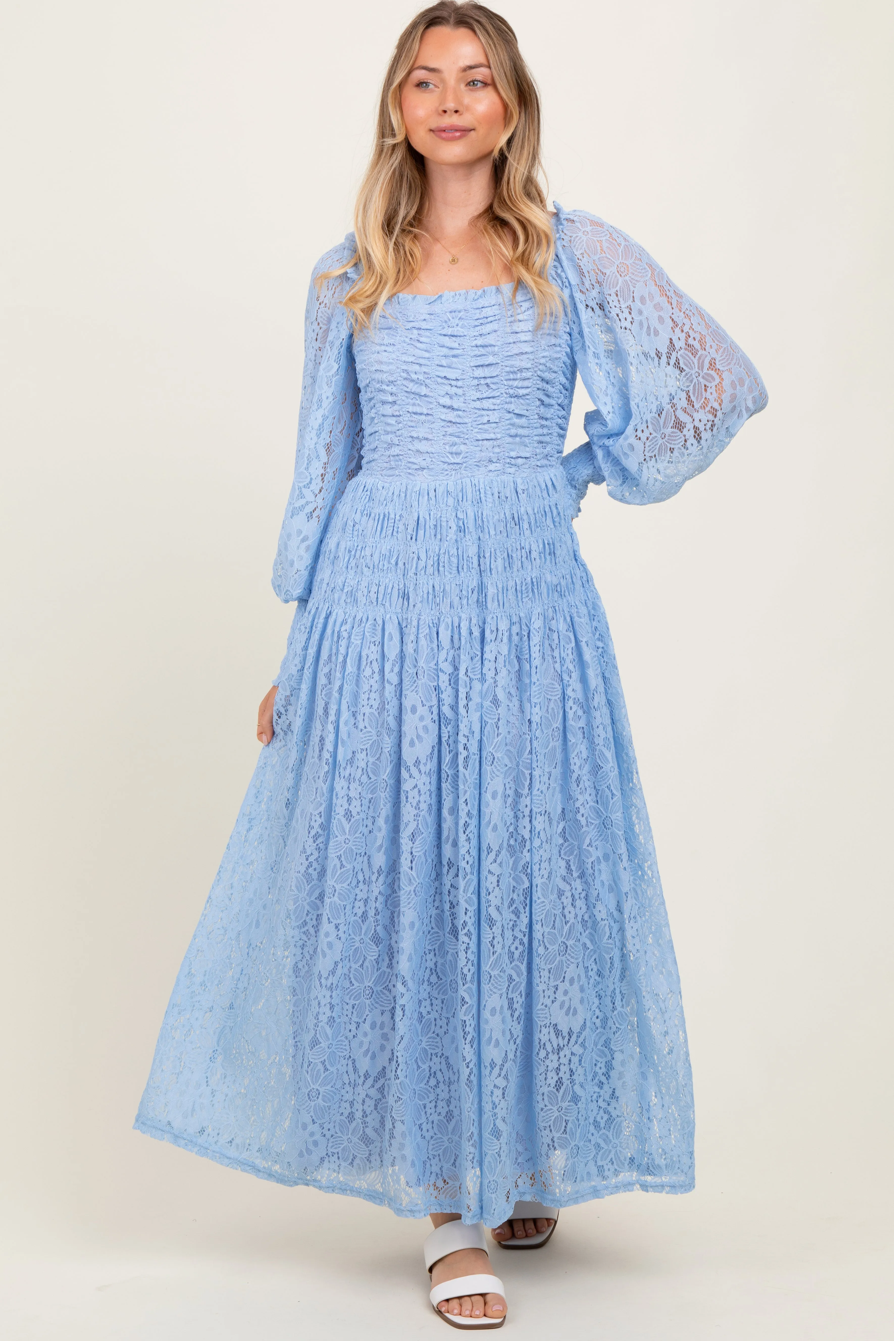 Periwinkle Lace Smocked Bubble Sleeve Maxi Dress sold by Pinkblush