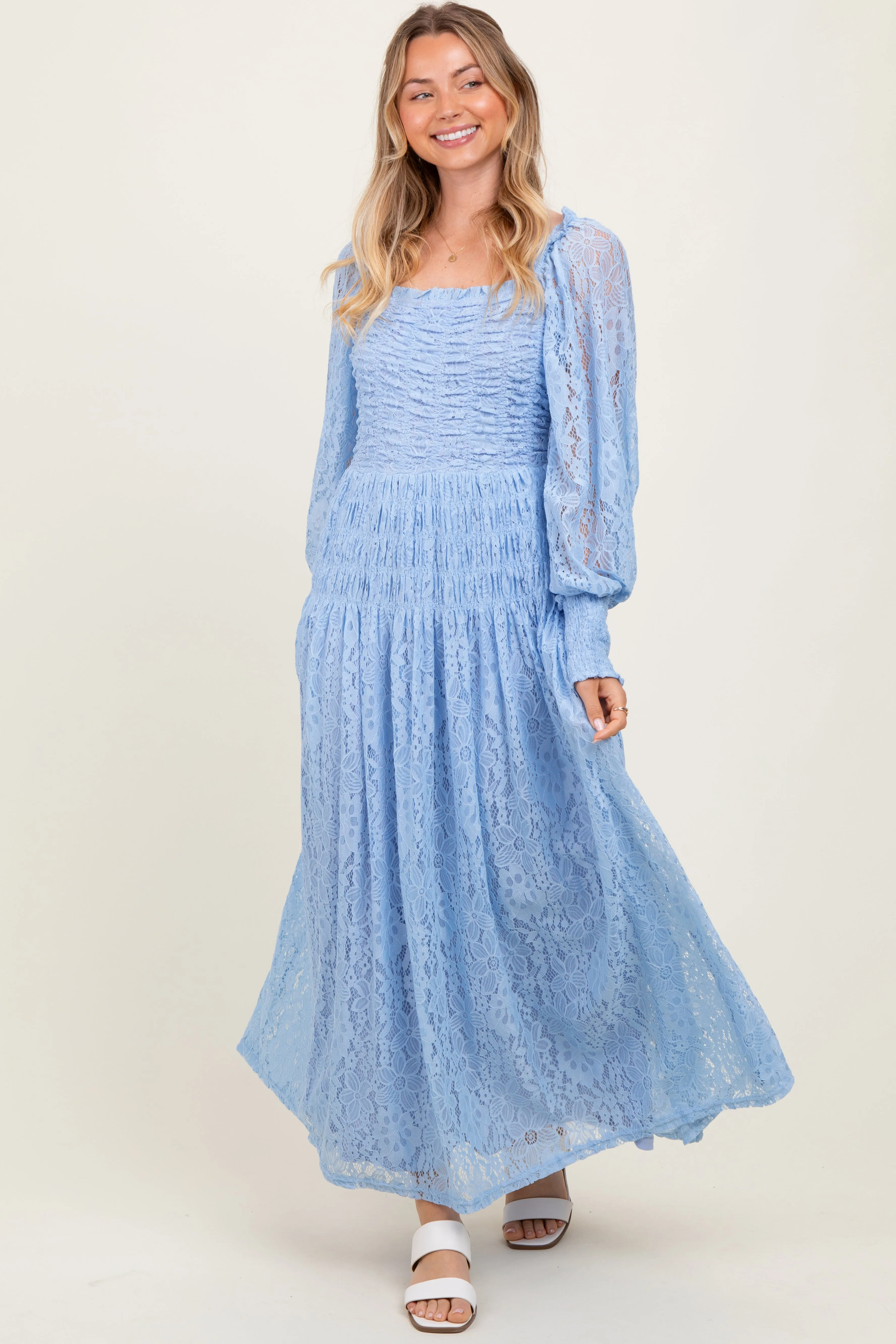 Periwinkle Lace Smocked Bubble Sleeve Maxi Dress sold by Pinkblush product image thumbnail 2