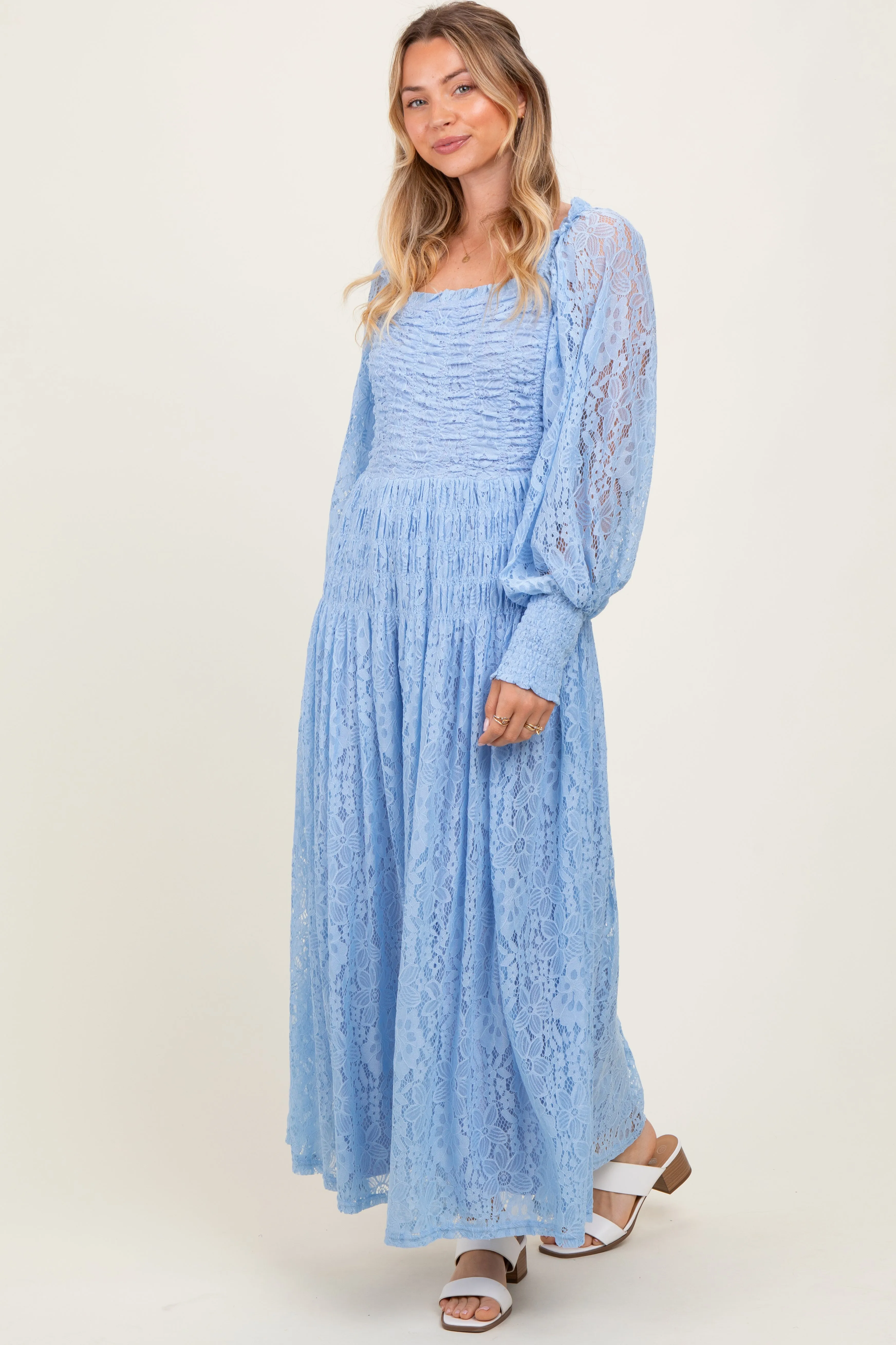 Periwinkle Lace Smocked Bubble Sleeve Maxi Dress sold by Pinkblush product image thumbnail 3