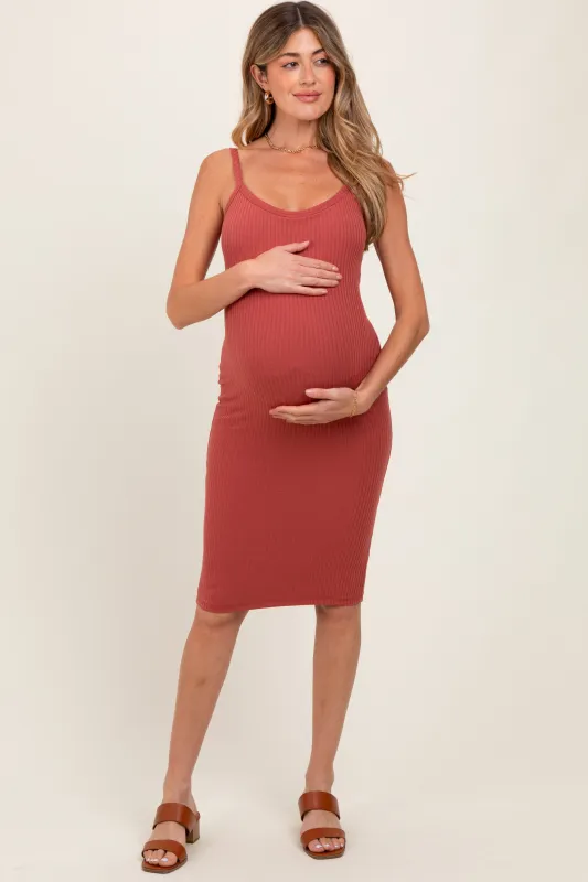 Rust Double Layer Heavy Ribbed Sleeveless Maternity Dress sold by Pinkblush