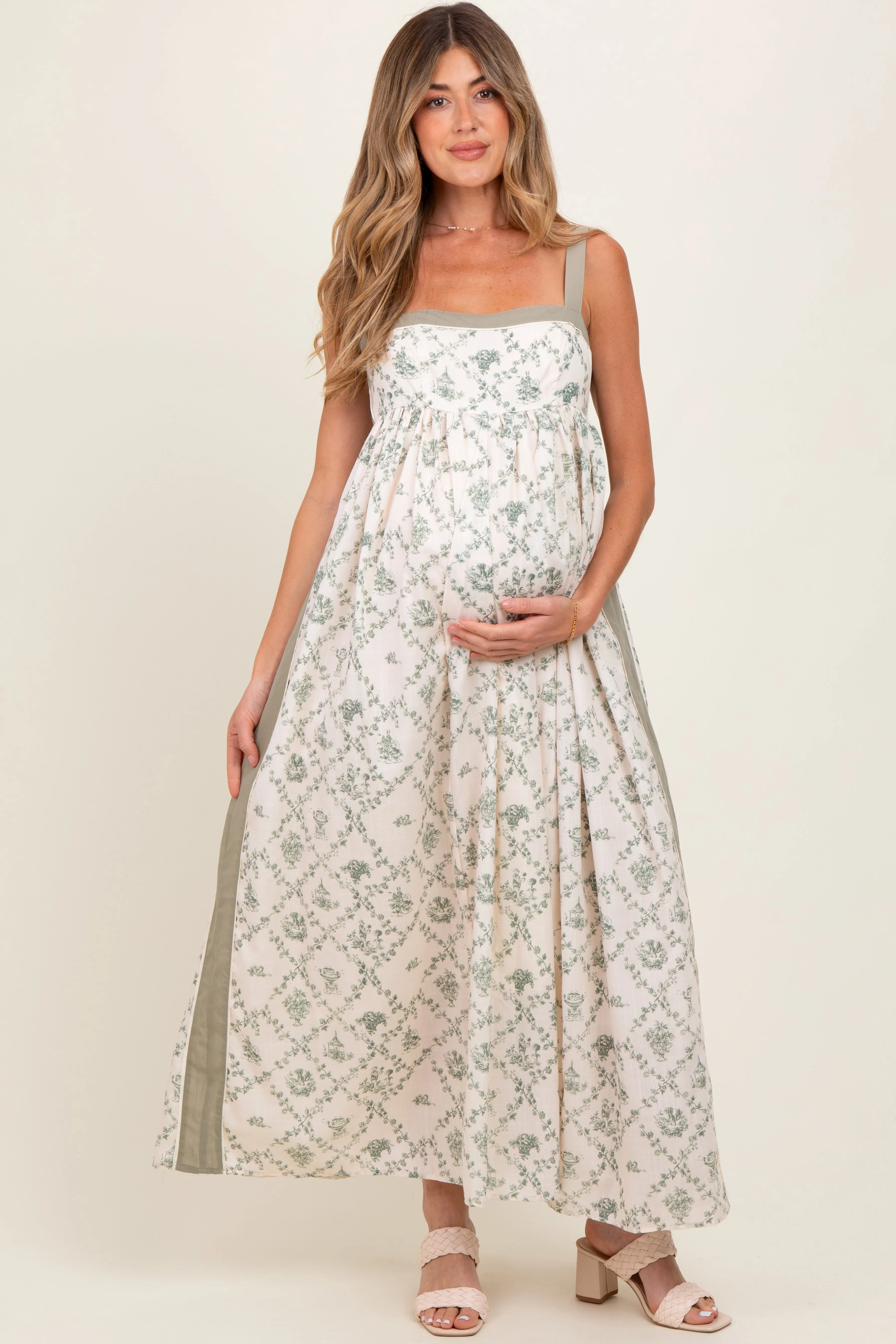 Light Olive Floral Sleeveless Side Panel Maternity Maxi Dress sold by Pinkblush
