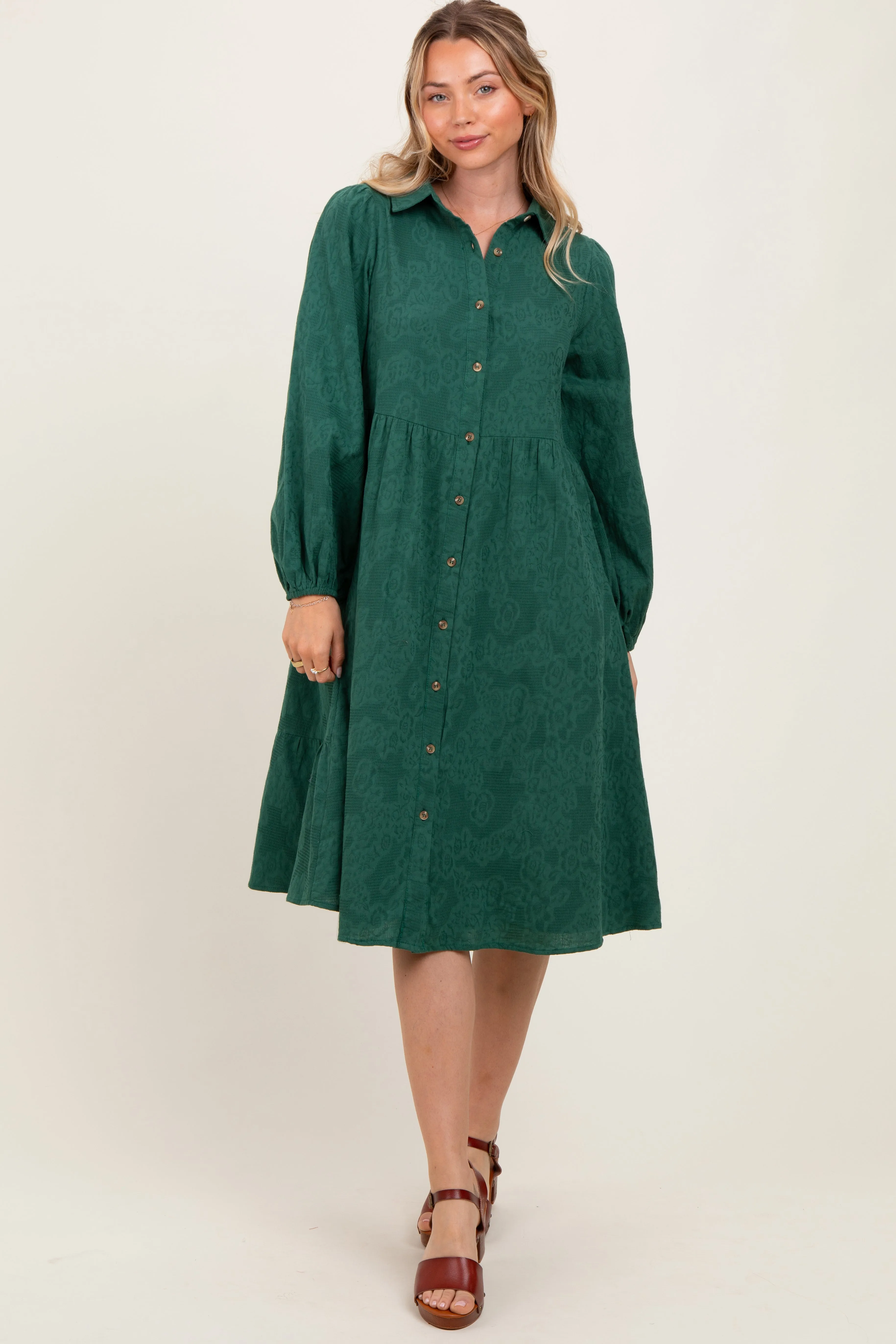 Forest Green Tiered Button Down Shirt Dress sold by Pinkblush product image thumbnail 2