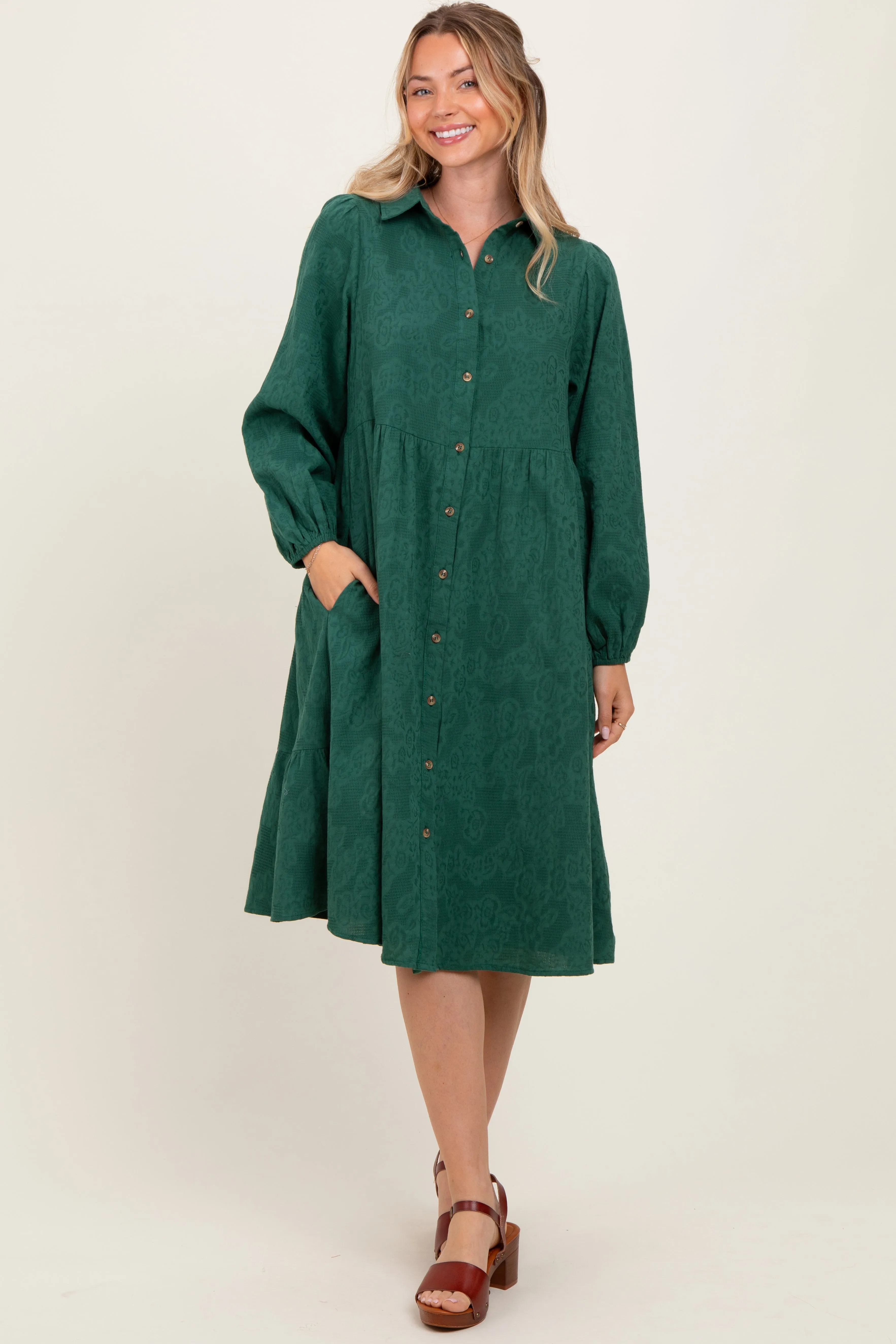 Forest Green Tiered Button Down Shirt Dress sold by Pinkblush