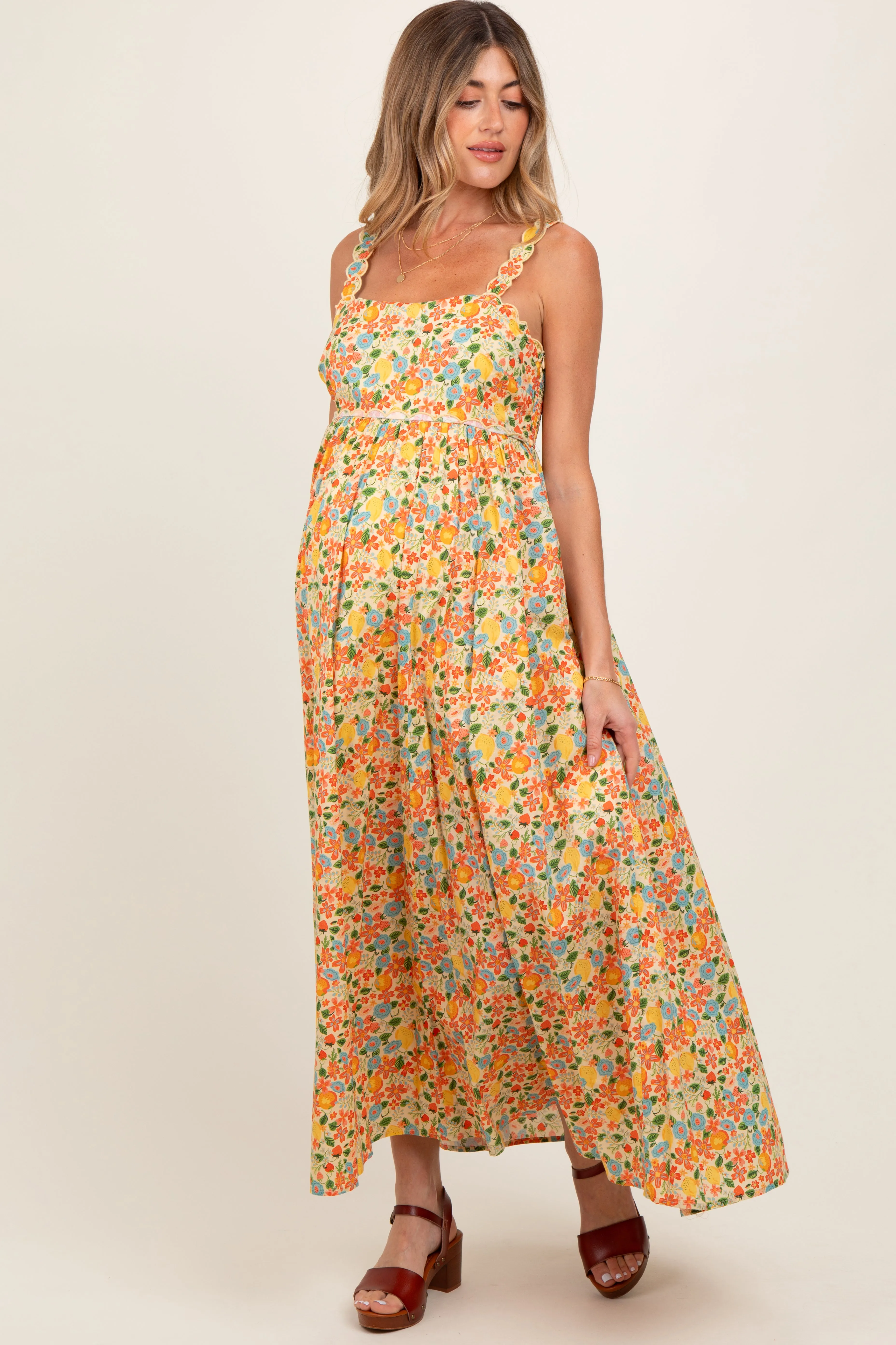 Yellow Floral Scallop Detail Sleeveless Maternity Maxi Dress sold by Pinkblush