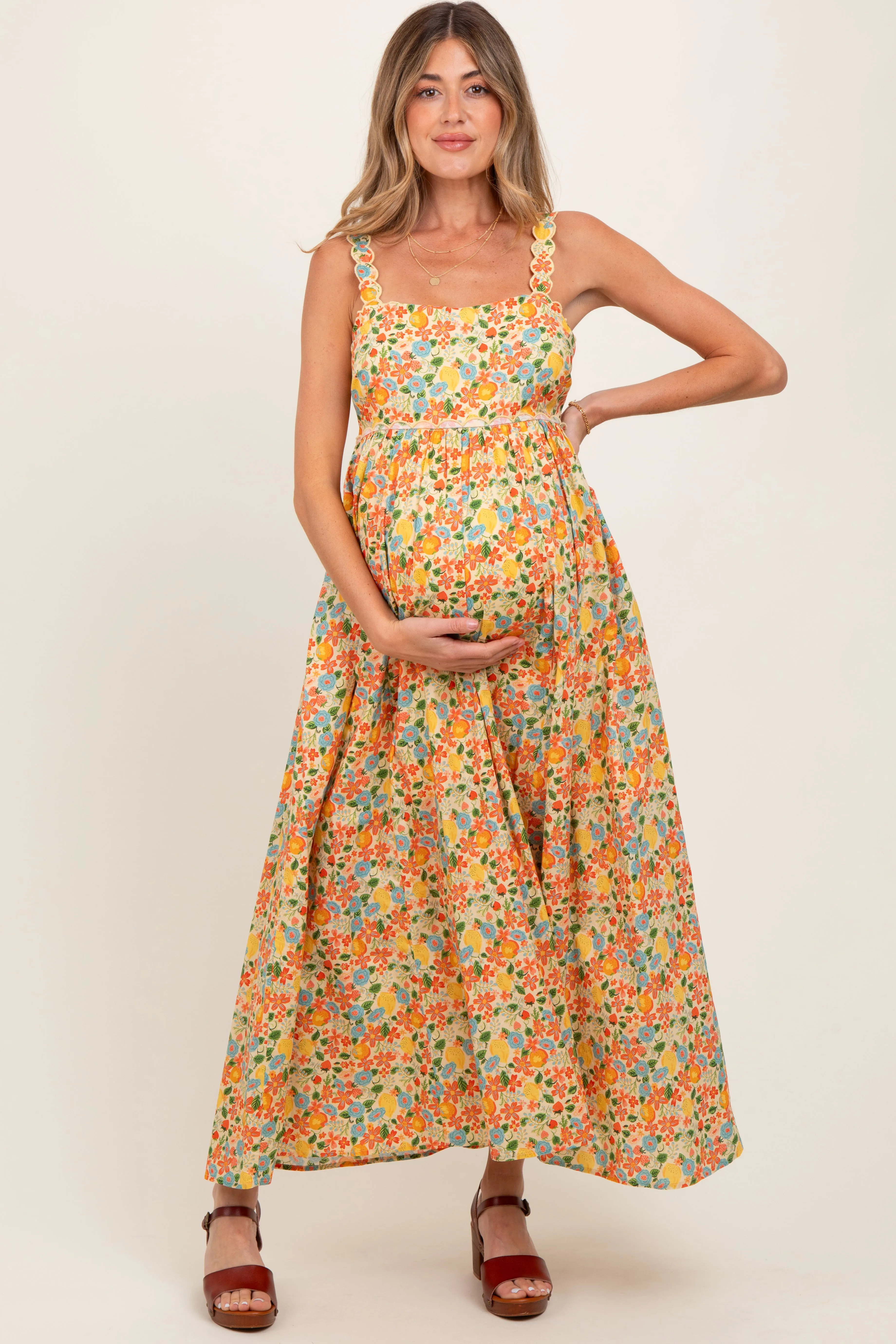 Yellow Floral Scallop Detail Sleeveless Maternity Maxi Dress sold by Pinkblush product image thumbnail 2