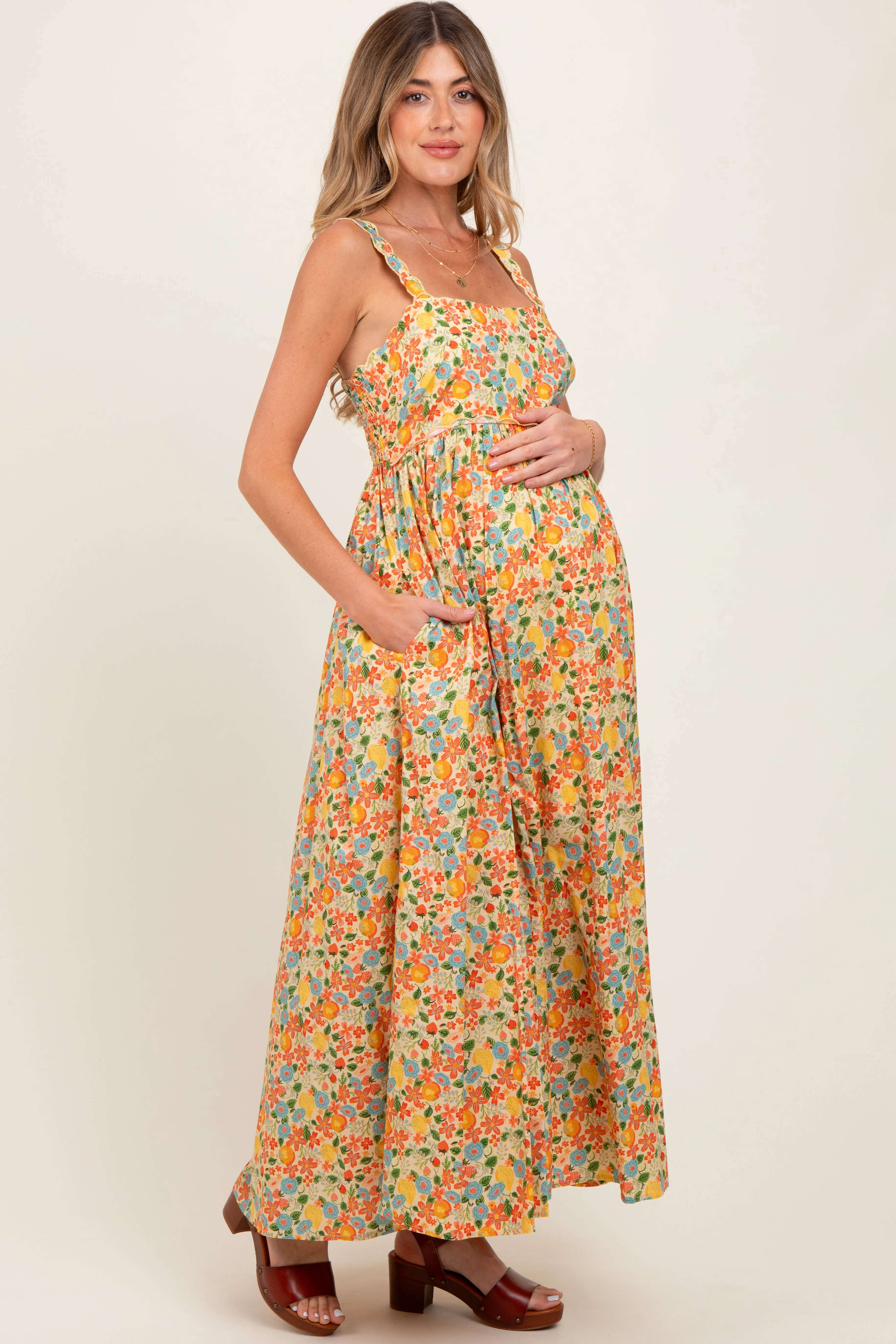 Yellow Floral Scallop Detail Sleeveless Maternity Maxi Dress sold by Pinkblush product image thumbnail 3