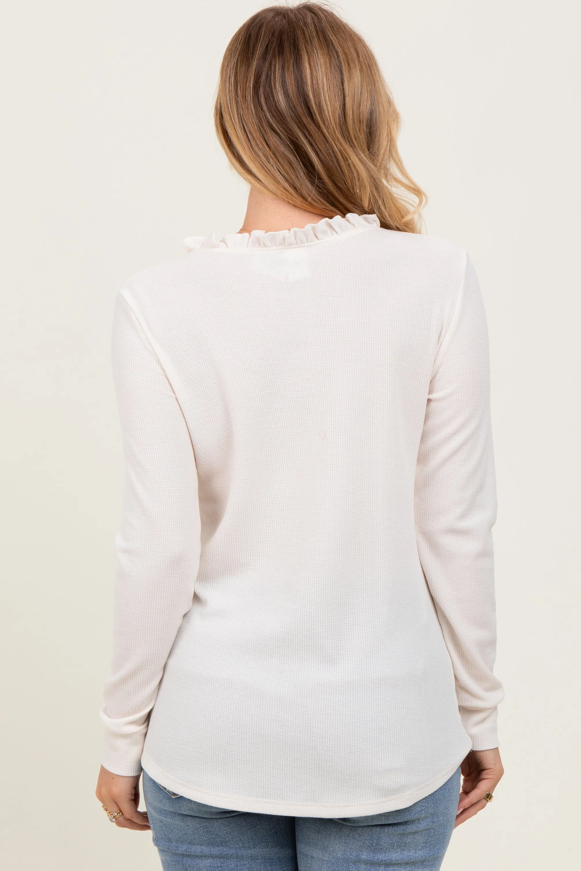 Cream Ruffle Collar Micro Waffle Knit Henley Top sold by Pinkblush product image thumbnail 4