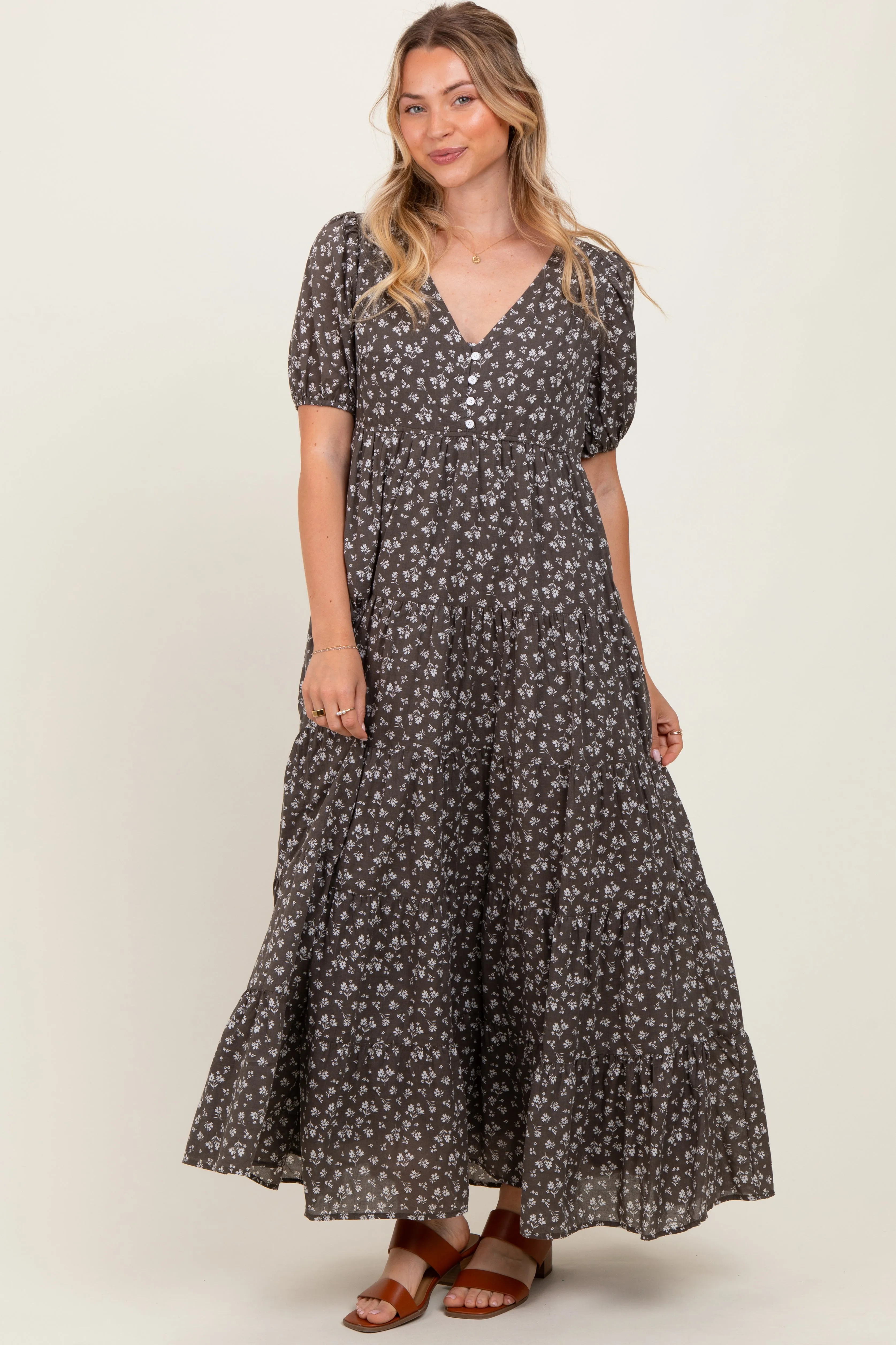 Grey Tiered Floral Maxi Dress sold by Pinkblush