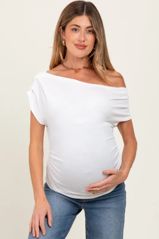 Ivory Asymmetrical Neck Line Ruched Knit Maternity Top sold by Pinkblush