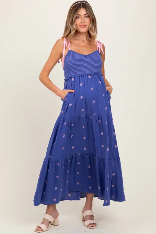 Royal Blue Embroidered Smocked Shoulder Tie Maternity Maxi Dress sold by Pinkblush