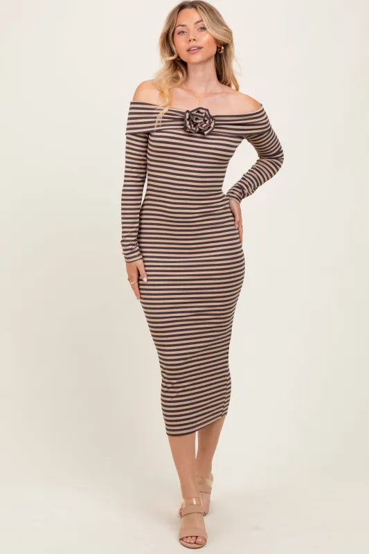 Taupe Striped Off Shoulder Rosette Midi Dress sold by Pinkblush