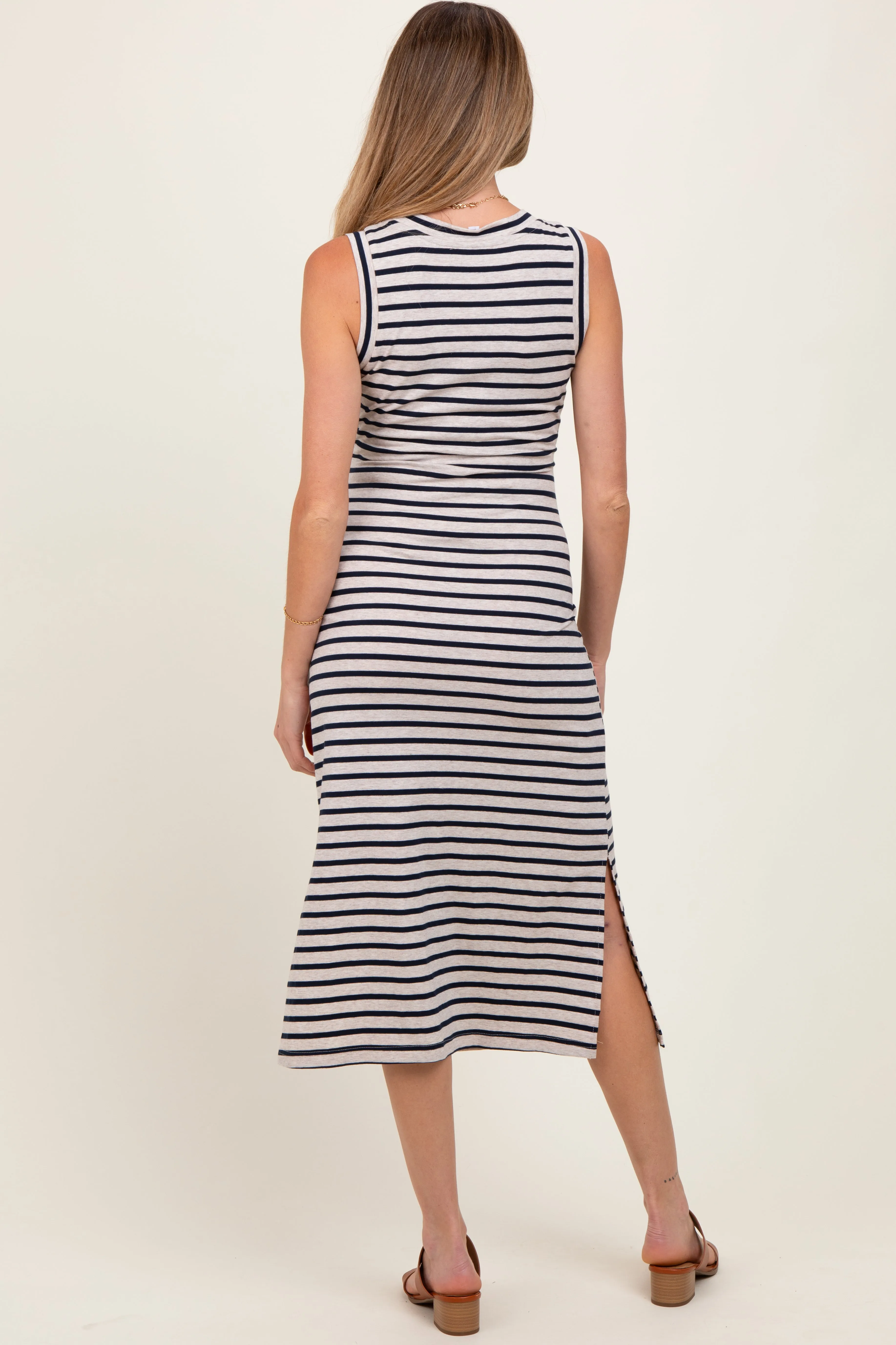 Beige Striped Sleeveless Side Slit Maternity Midi Dress sold by Pinkblush product image thumbnail 3