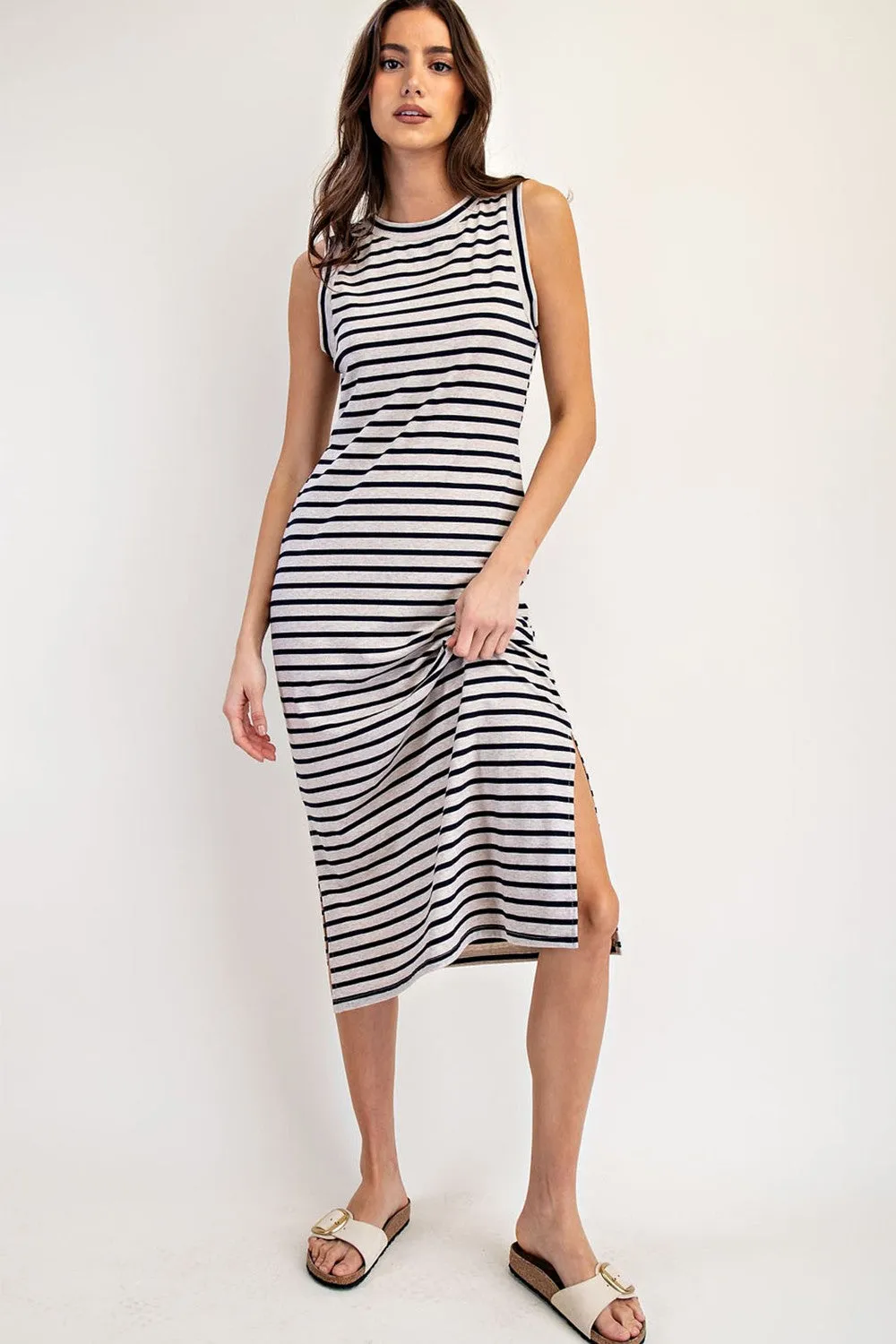 Beige Striped Sleeveless Side Slit Maternity Midi Dress sold by Pinkblush product image thumbnail 4