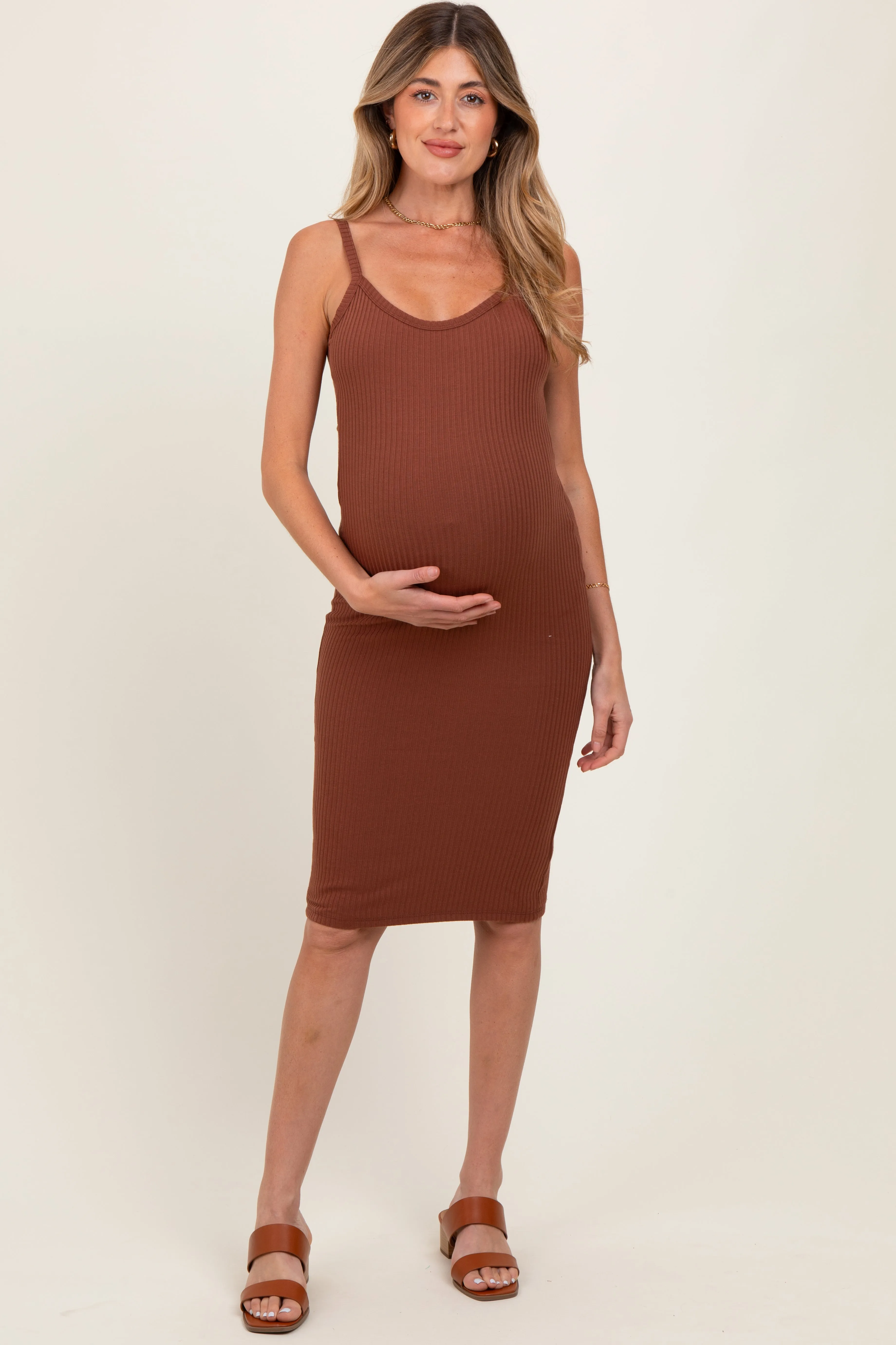 Brown Double Layer Heavy Ribbed Sleeveless Maternity Dress sold by Pinkblush