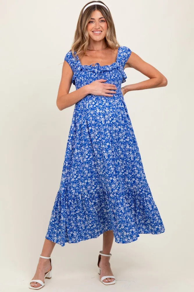 Royal Blue Floral Smocked Ruffle Detail Maternity Midi Dress sold by Pinkblush product image thumbnail 2