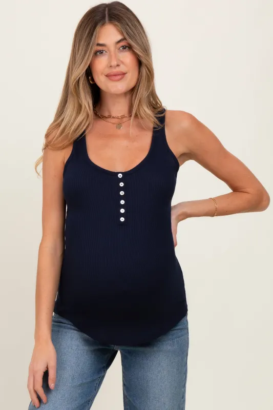 Navy Button Front Maternity Tank Top sold by Pinkblush