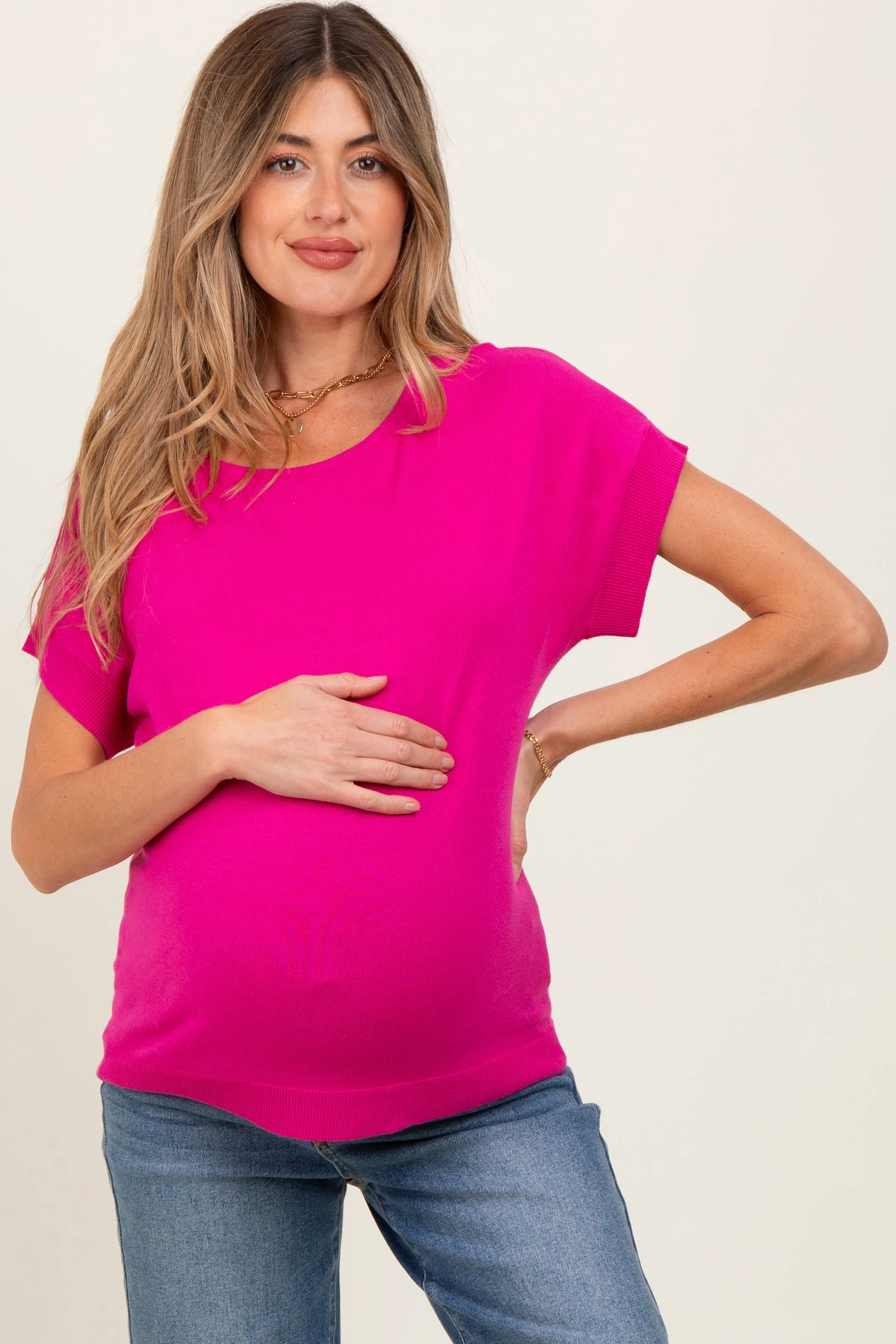 Fuchsia Knit Short Sleeve Maternity Top sold by Pinkblush product image thumbnail 2