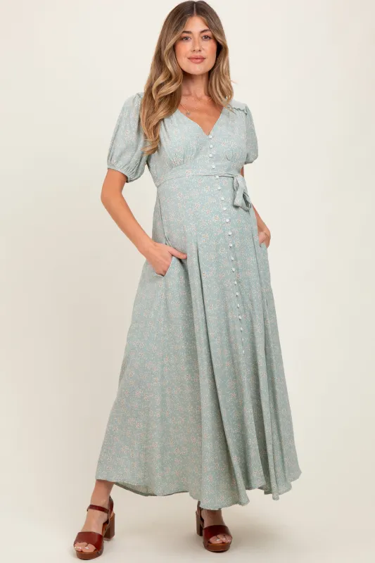 Sage Floral Button Down Maternity Dress sold by Pinkblush